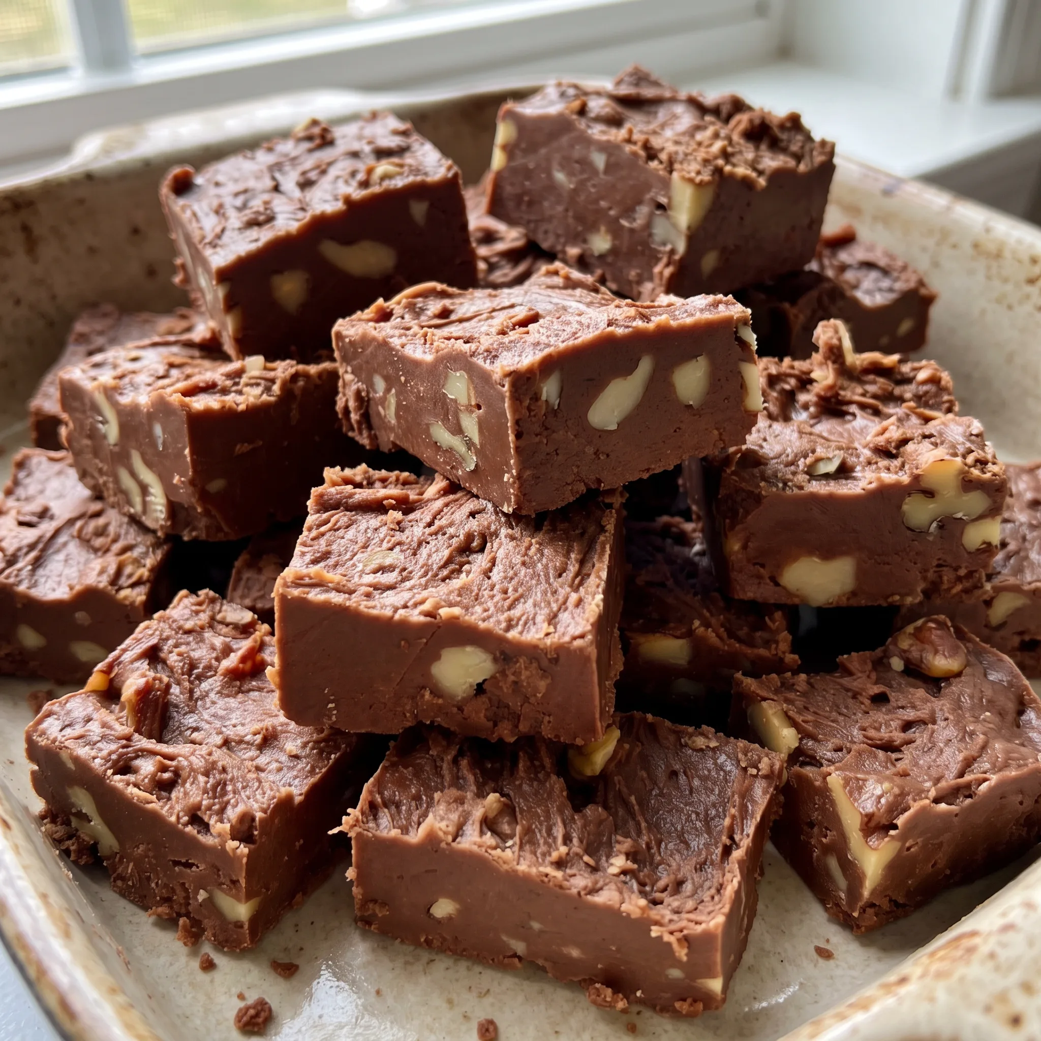 Squares of semisweet chocolate fudge with walnuts, smooth dark brown tops, cut edges showing dense chewy texture.