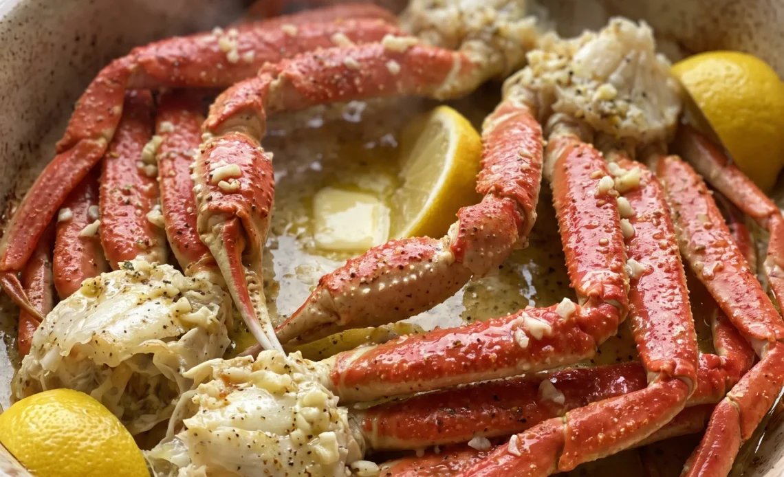 Snow crab legs coated in garlic butter with lemon wedges, red shells and golden sauce.