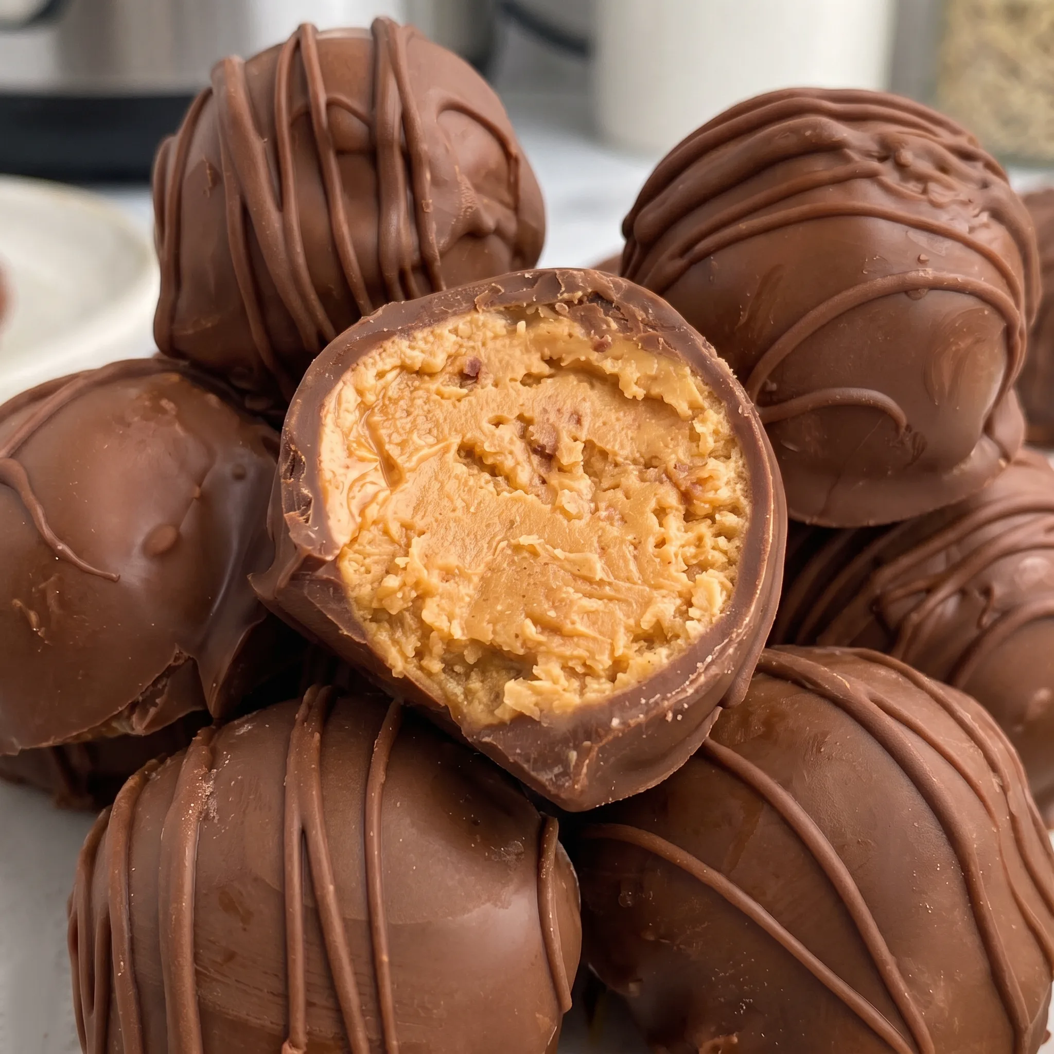 A chocolate coating with a glossy sheen covers a peanut butter center, showing a firm, creamy texture.