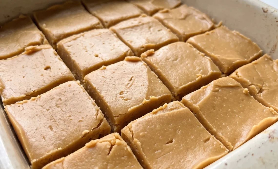 Squares of peanut butter fudge with a smooth, creamy top and a dense, chewy interior in shades of golden brown.