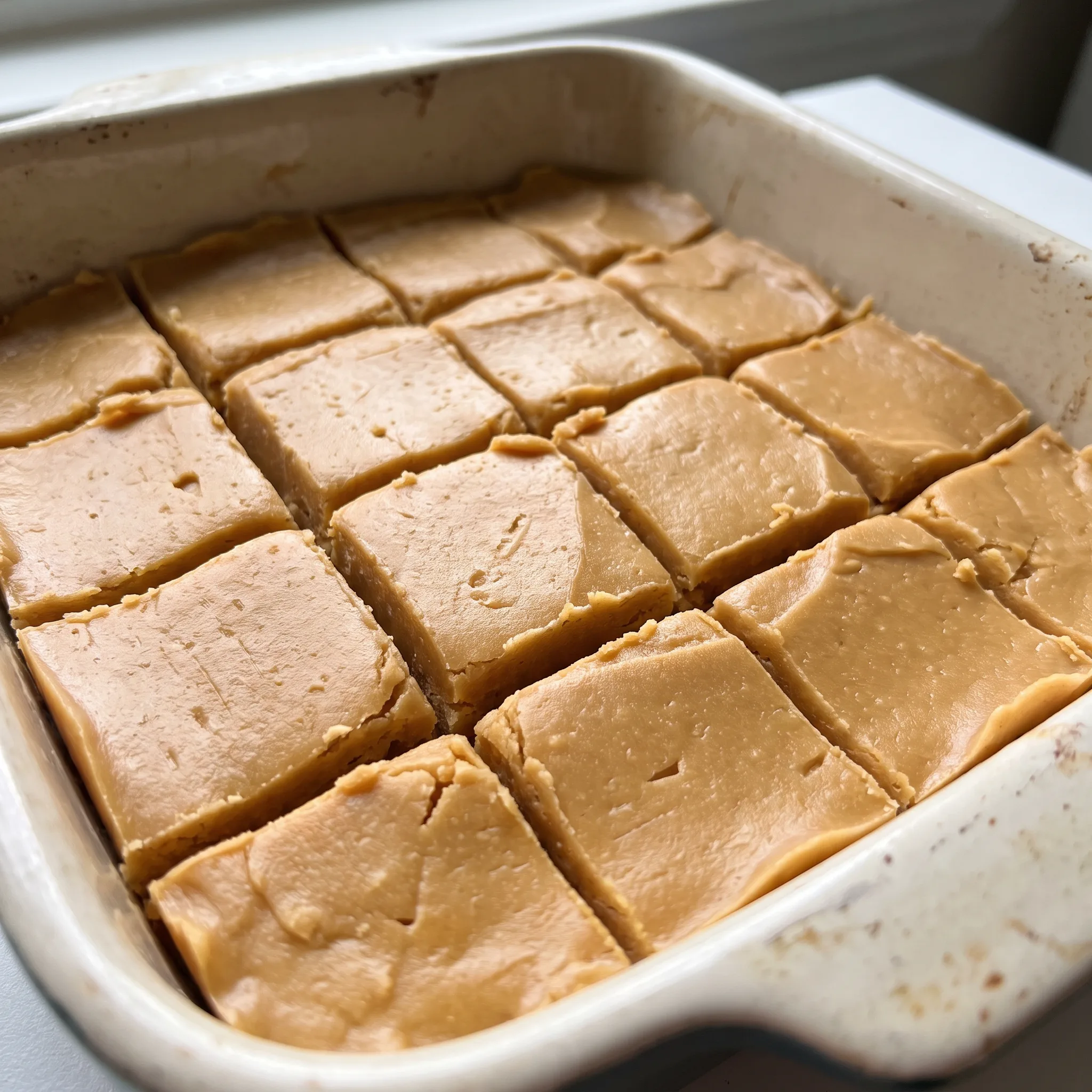 Squares of peanut butter fudge with a smooth, creamy top and a dense, chewy interior in shades of golden brown.
