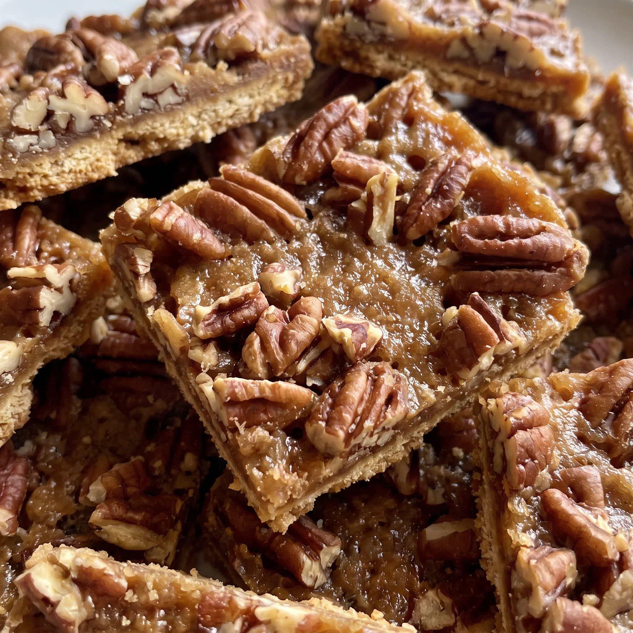 Glossy caramel coating over graham crackers, topped with pecan halves and chopped nuts