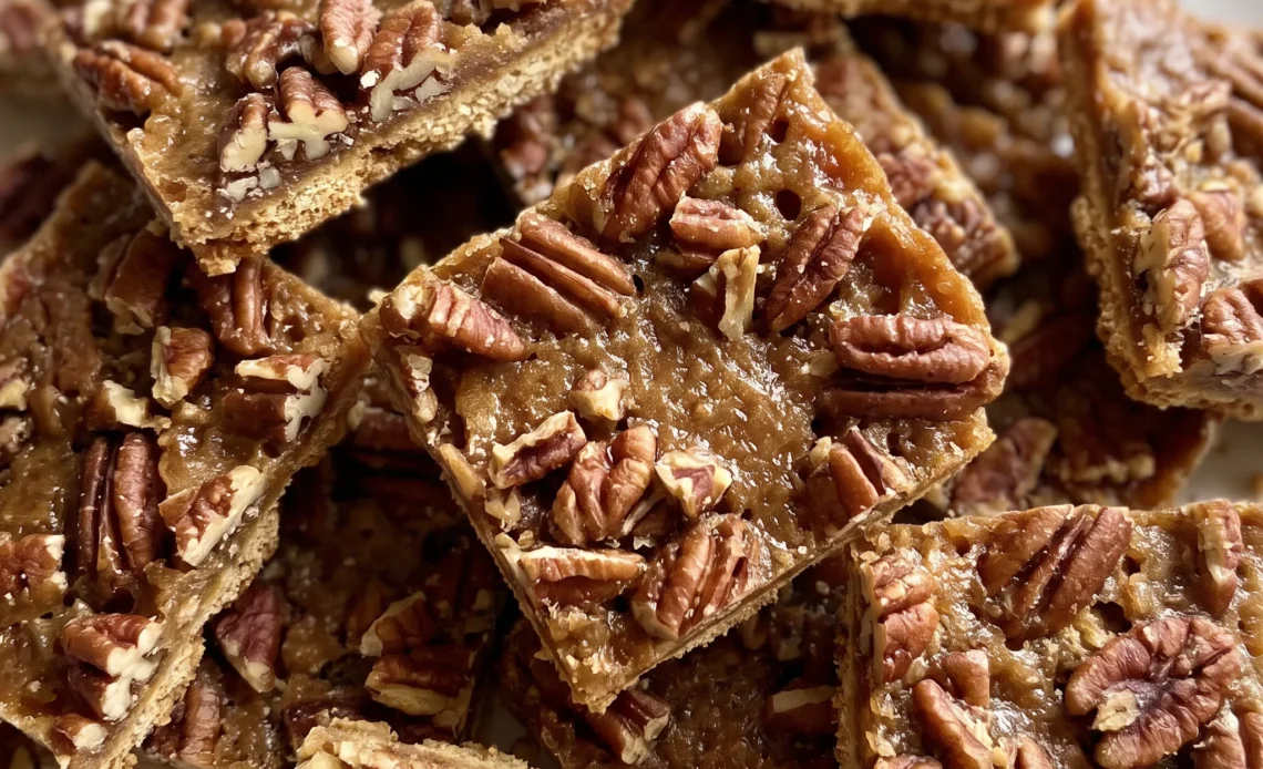 Pecan pie bark with whole pecans and caramel over graham crackers in broken pieces