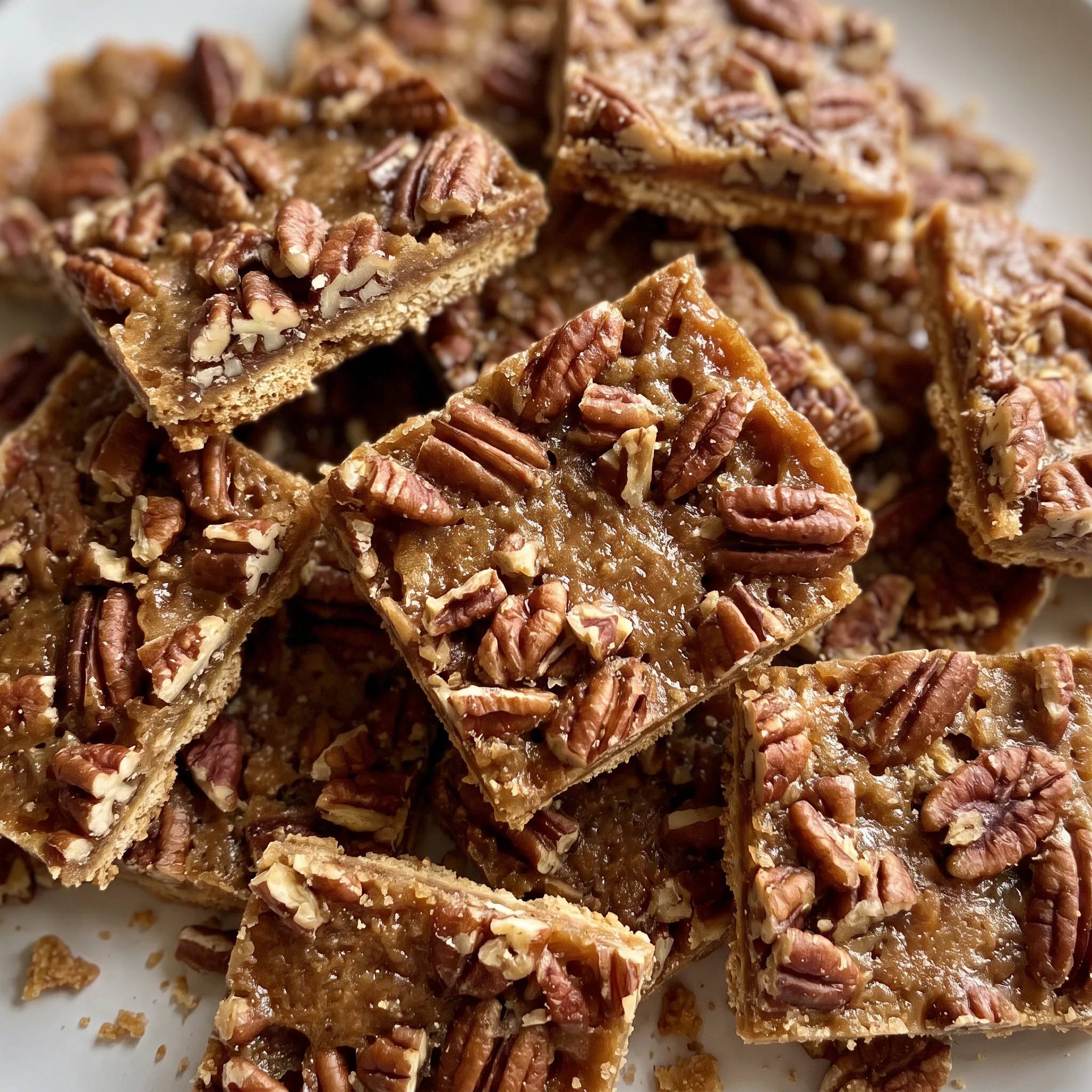 Pecan pie bark with whole pecans and caramel over graham crackers in broken pieces