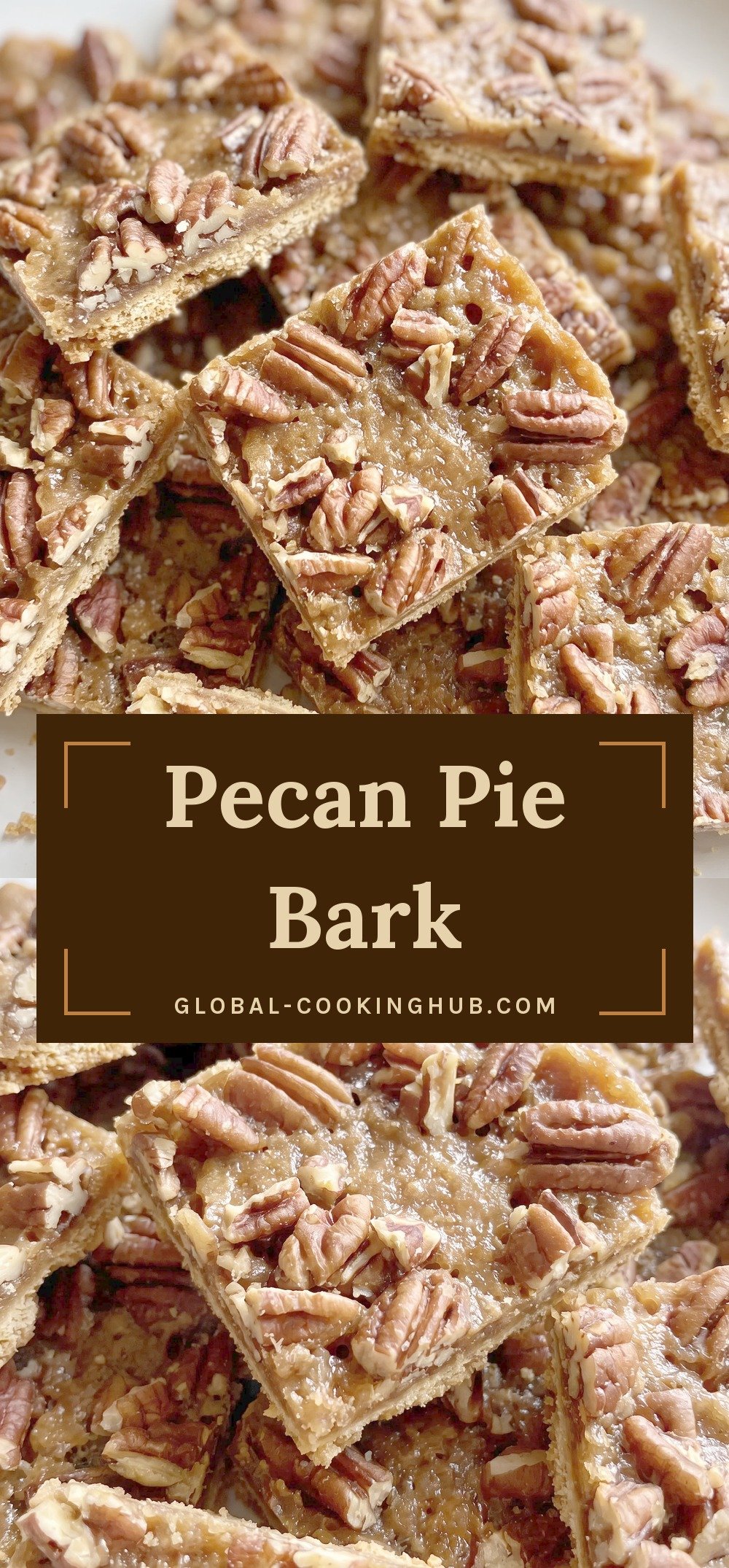 Golden-brown pecan bark with a glossy caramel layer over graham crackers, studded with toasted pecan halves and broken into crisp shards.