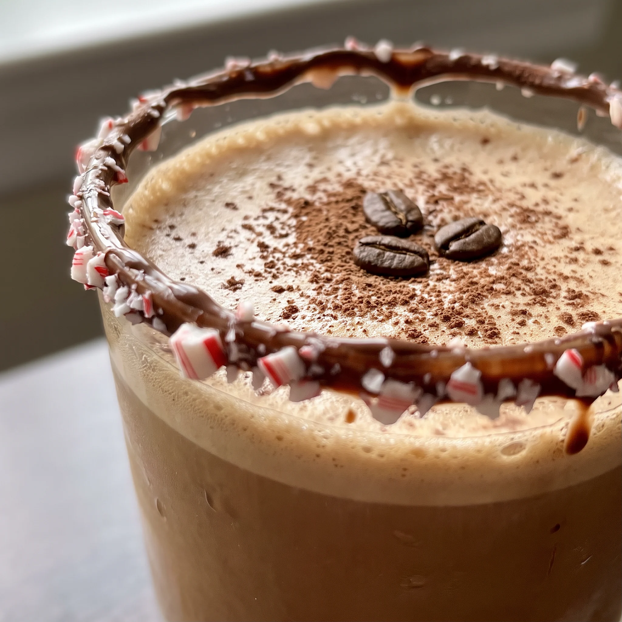 Peppermint mocha espresso martini in a glass, dark brown liquid topped with white cream, cocoa powder and peppermint candy crumbs.