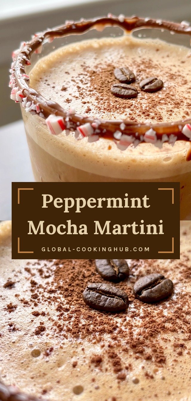 Dark espresso martini topped with creamy foam, cocoa powder dusting, crushed peppermint candy canes, and coffee beans.