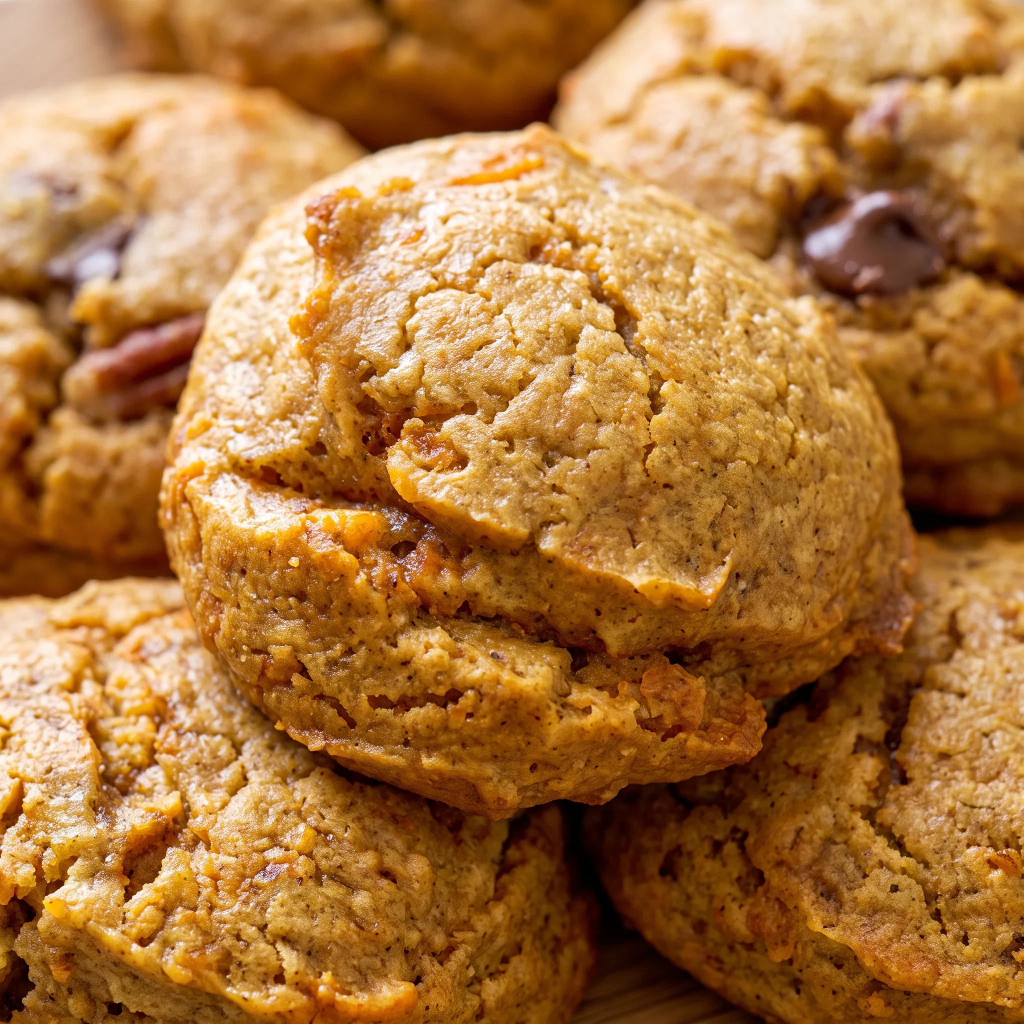 Moist orange crumb of a persimmon cookie, with melted chocolate chips and chopped pecans on the surface.