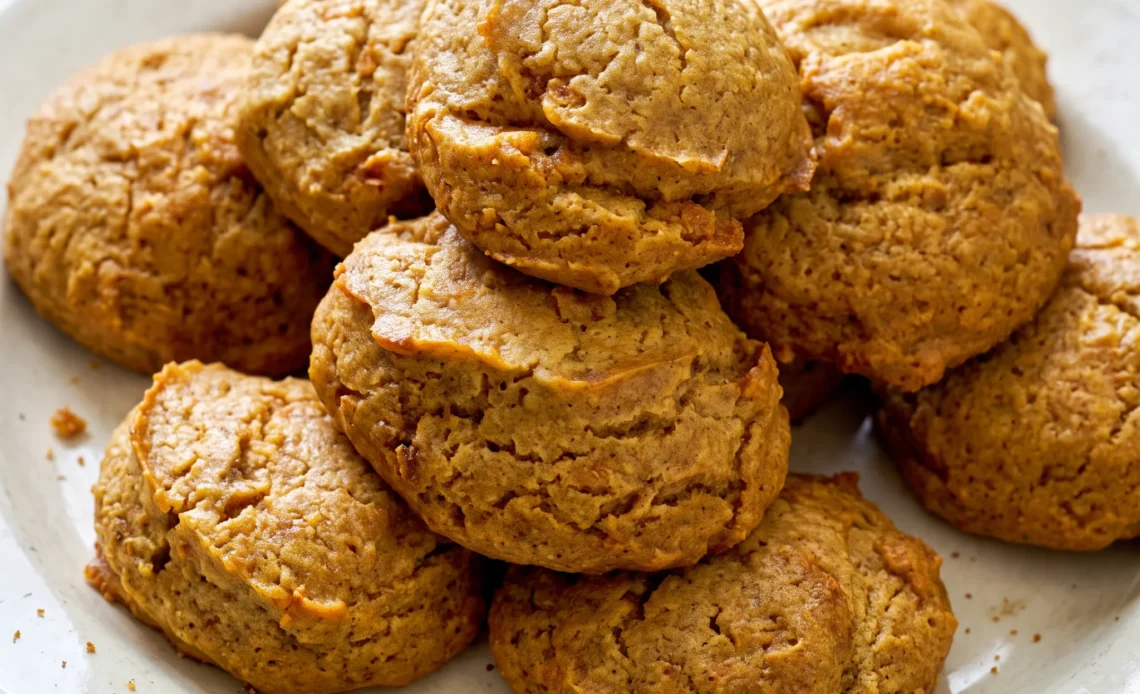 Round persimmon cookies with orange-brown tops, studded with dark chocolate chips and tan pecan pieces.