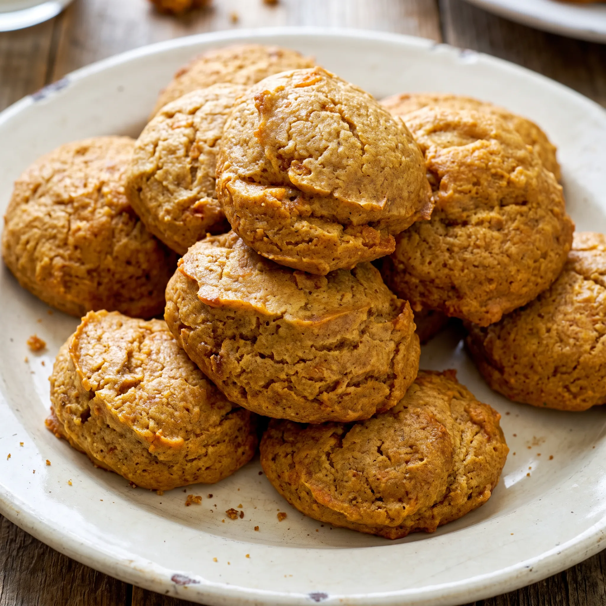 Round persimmon cookies with orange-brown tops, studded with dark chocolate chips and tan pecan pieces.