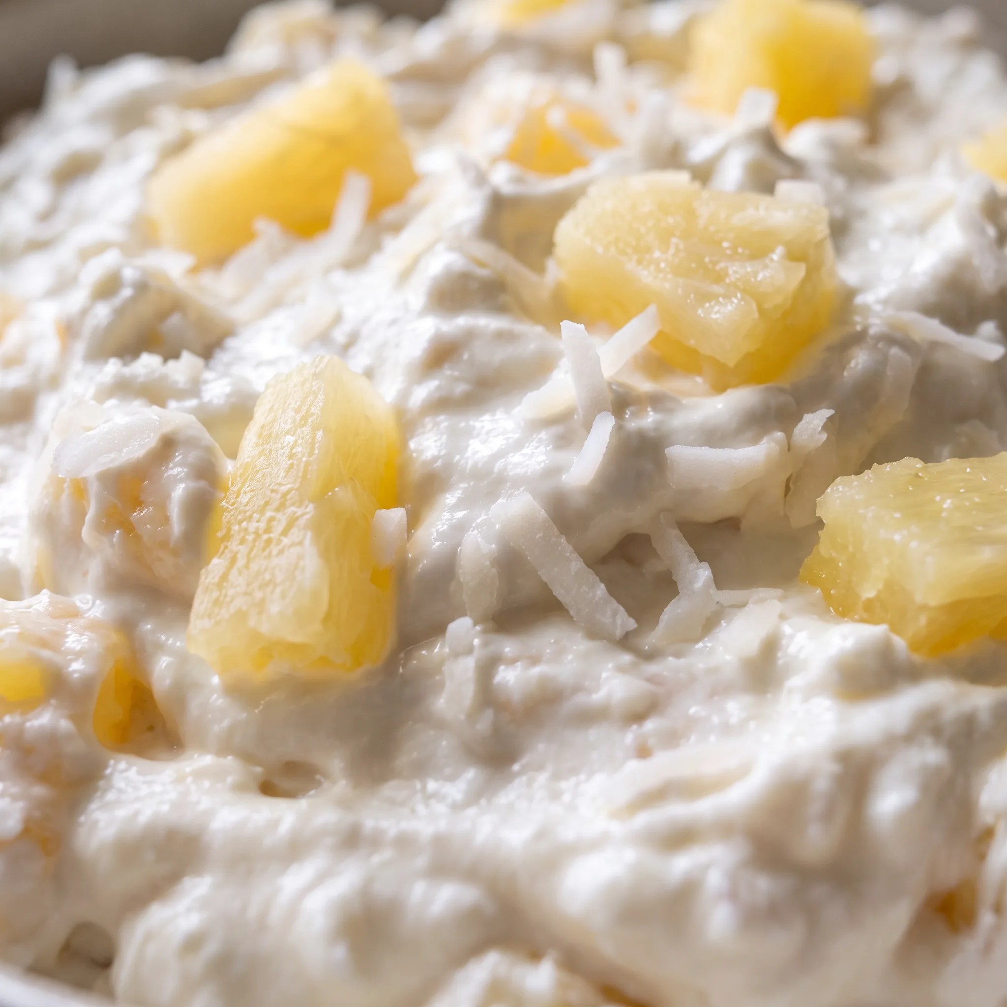 Creamy pale yellow dip with visible chunks of pineapple and strands of shredded coconut throughout its smooth texture.