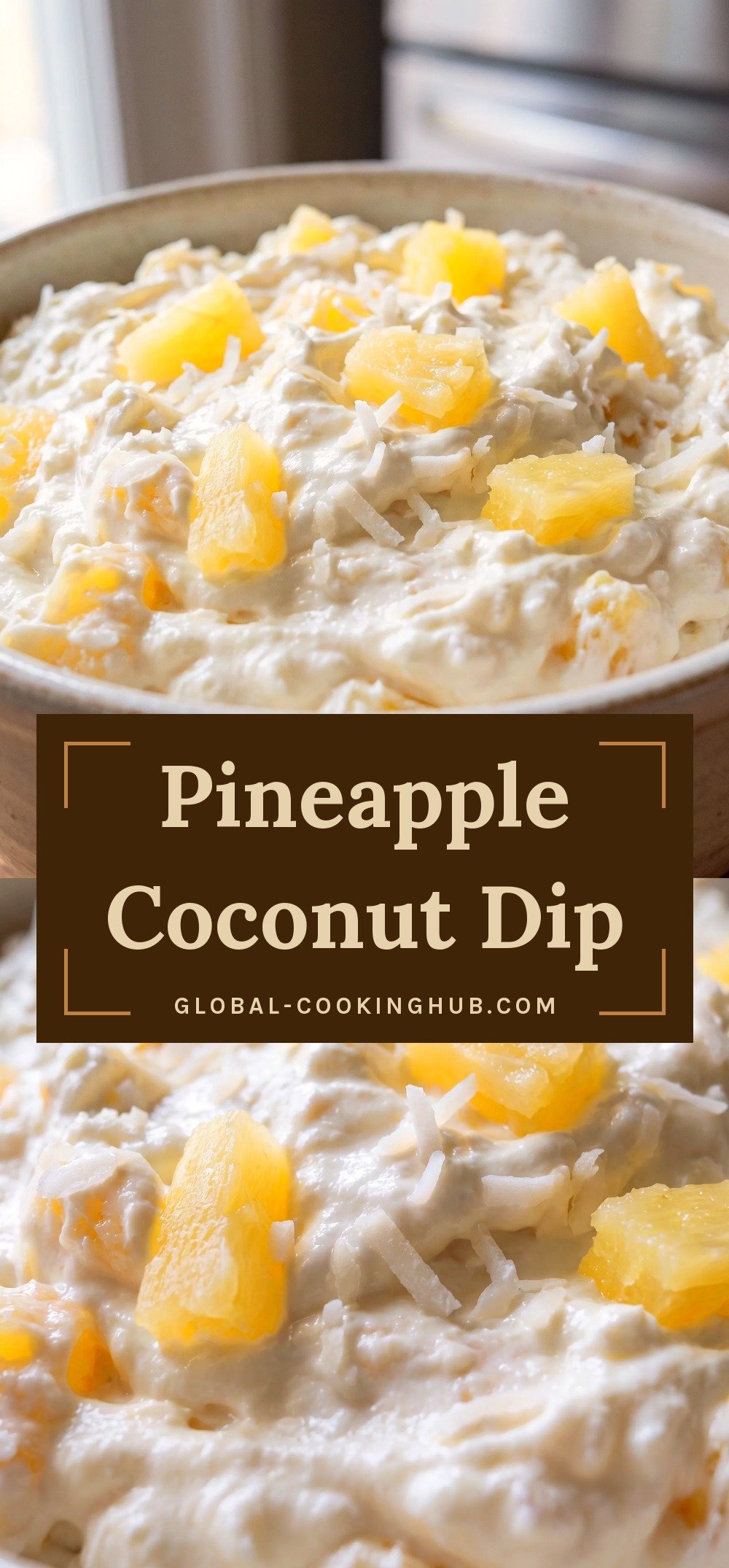 Creamy pale yellow pineapple coconut dip with crushed pineapple pieces and shredded coconut, garnished with a pineapple wedge and mint.