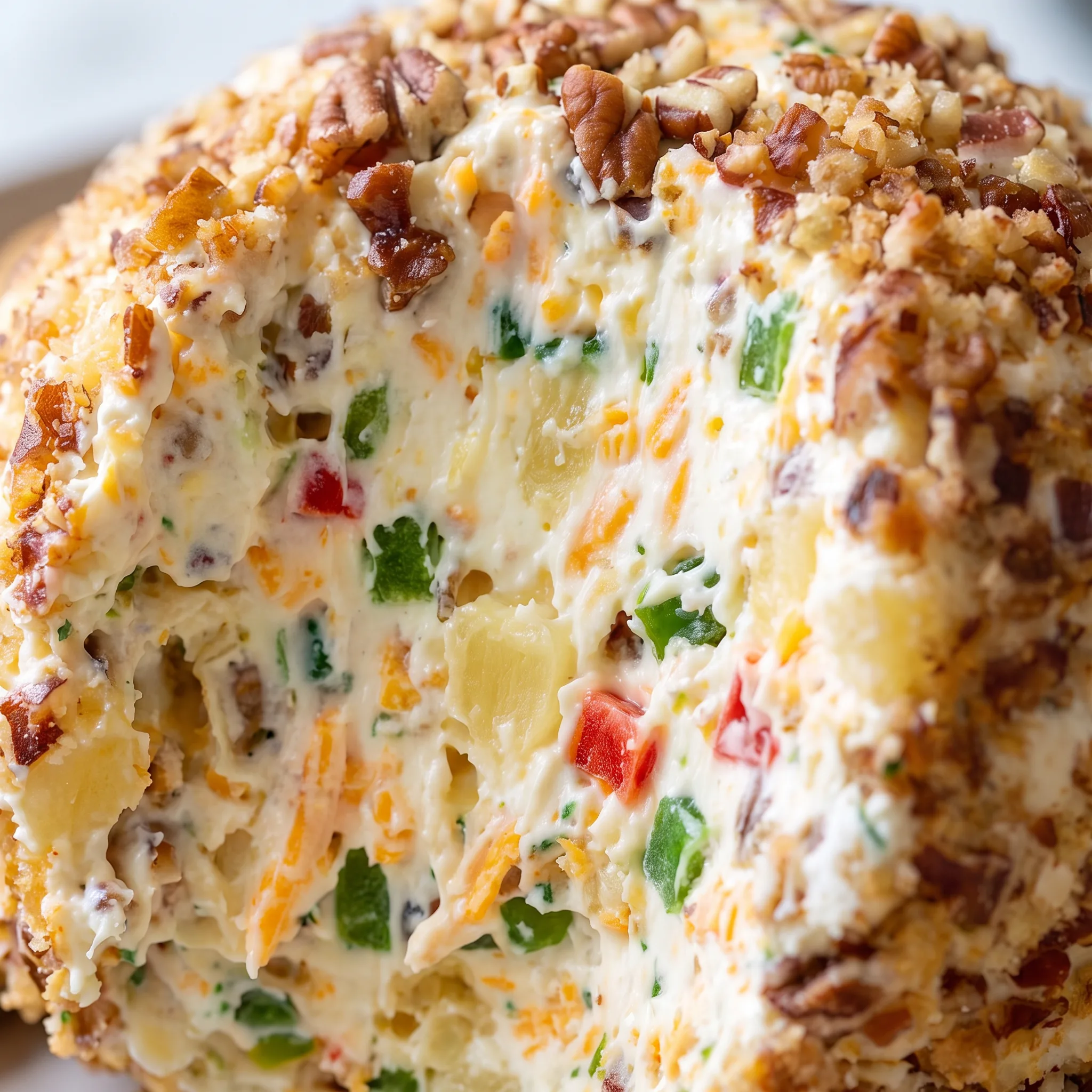 Chopped pecans press into a cream cheese ball dotted with crushed pineapple, cheddar, and green bell pepper bits.