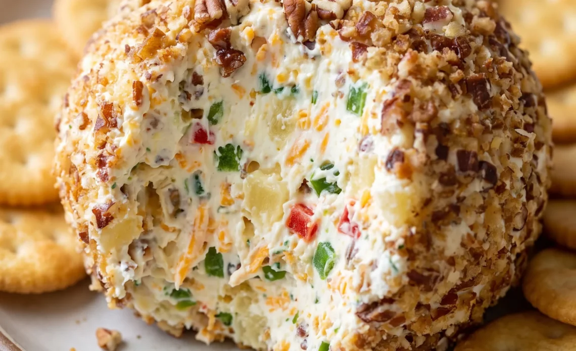 Pineapple cheese ball coated in chopped pecans, with cheddar and green bell pepper flecks visible in the cream cheese.