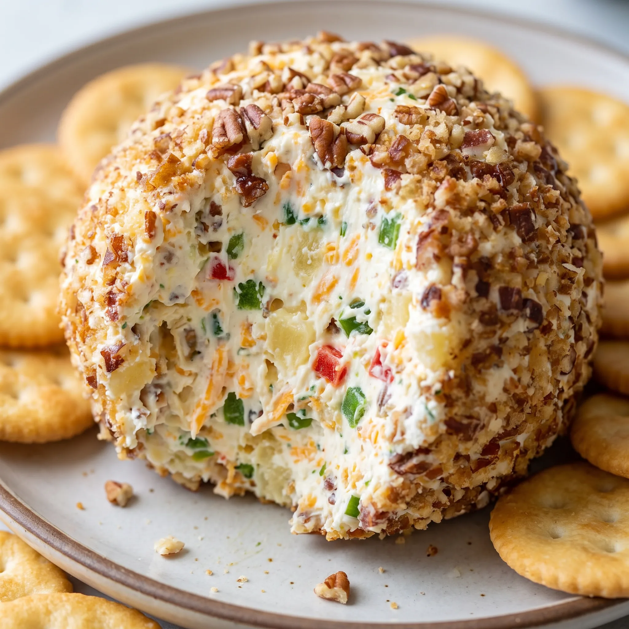 Pineapple cheese ball coated in chopped pecans, with cheddar and green bell pepper flecks visible in the cream cheese.