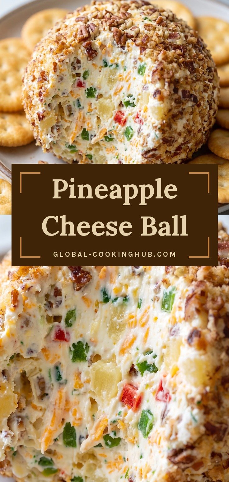 Cheese ball coated in chopped pecans, cut open to show bits of pineapple and red and green pepper, with crackers.