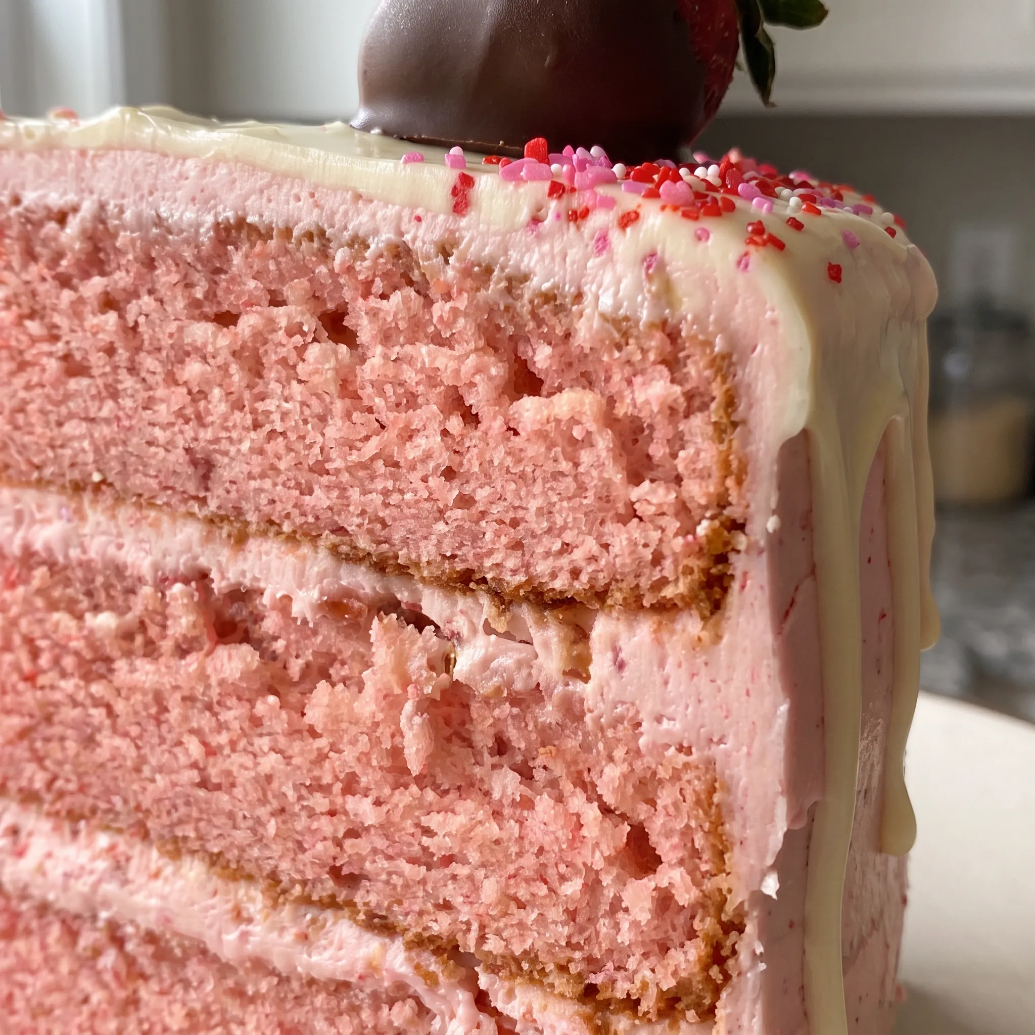 Glossy white chocolate drip running down pink cake, with a chocolate covered strawberry and marshmallows on top.