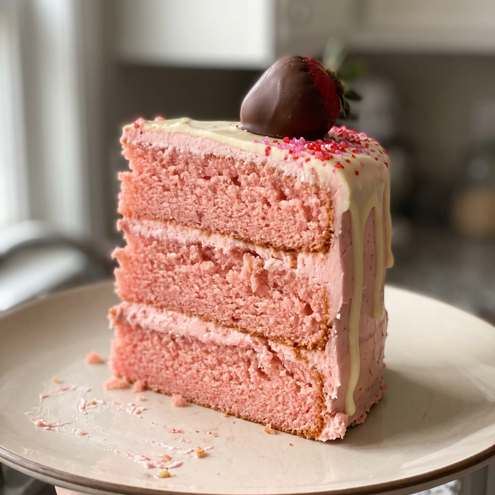 Pink champagne cake with white chocolate drip, topped with chocolate covered strawberries and champagne marshmallows.
