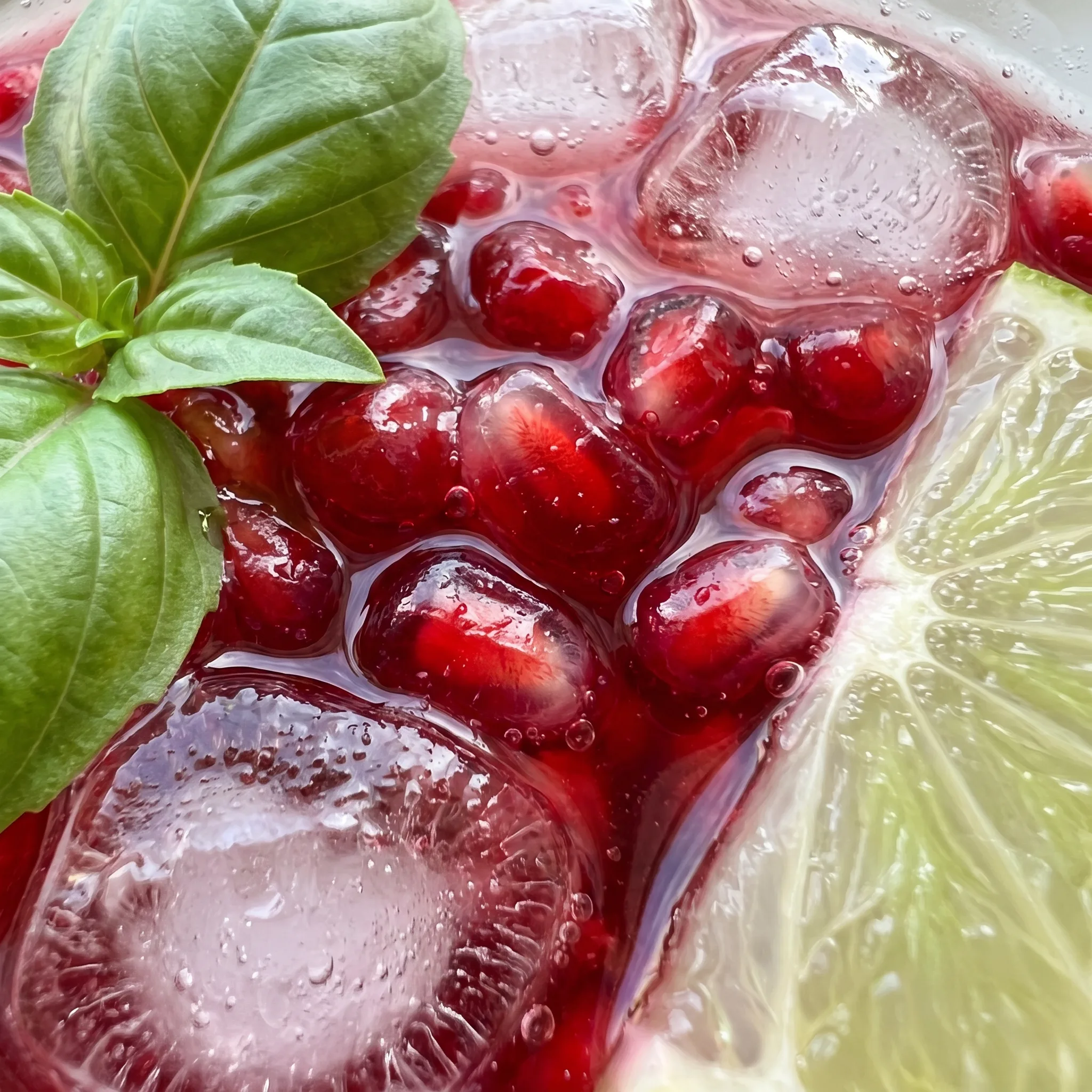 Bubbles rising through ruby red pomegranate limeade, topped with green basil leaves and a lime slice.