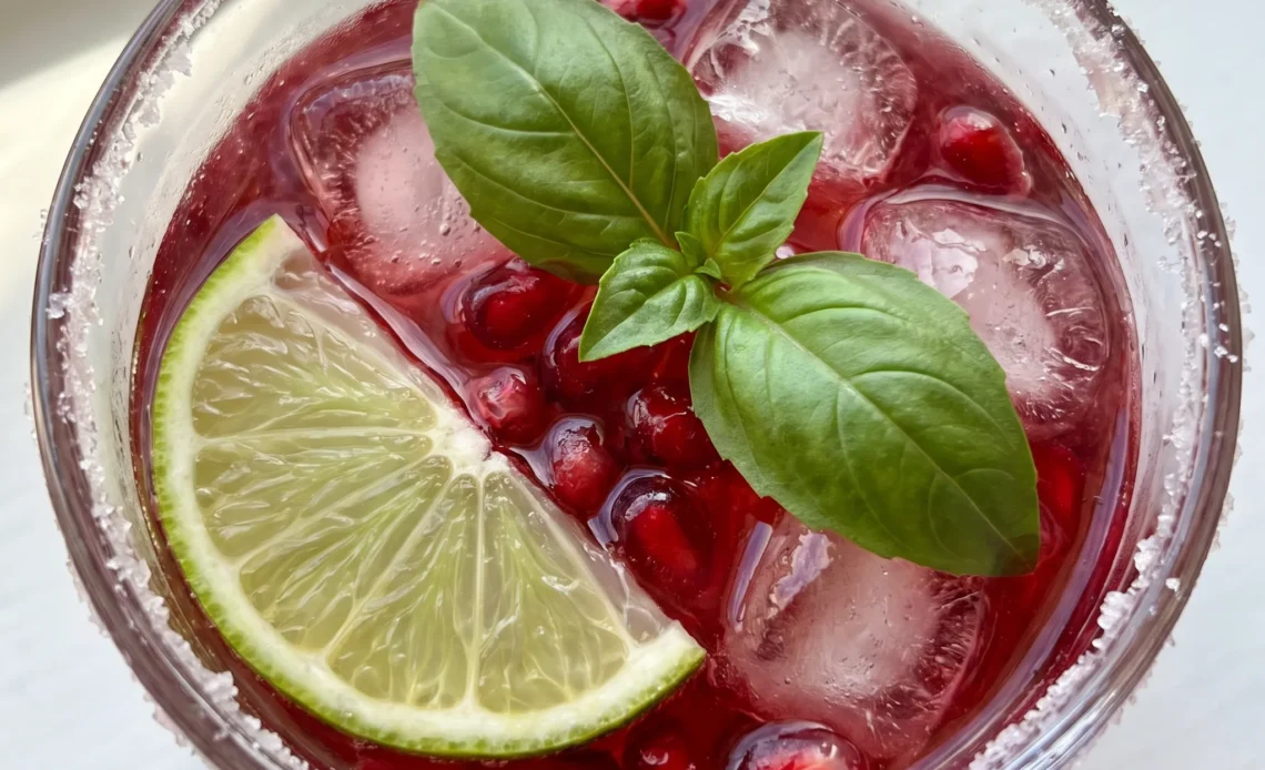 Pomegranate limeade spritzer mocktail with club soda, fresh basil leaves, and lime wedges in a tall glass.