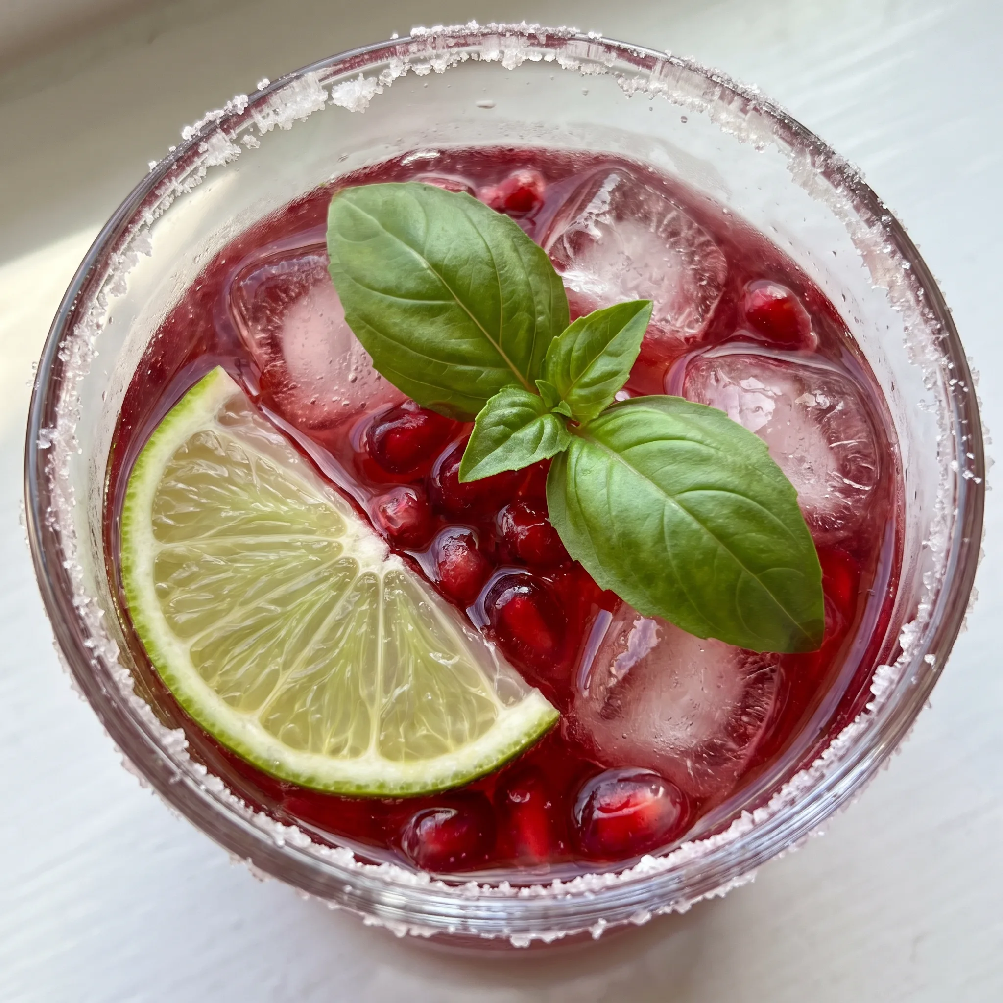 Pomegranate limeade spritzer mocktail with club soda, fresh basil leaves, and lime wedges in a tall glass.