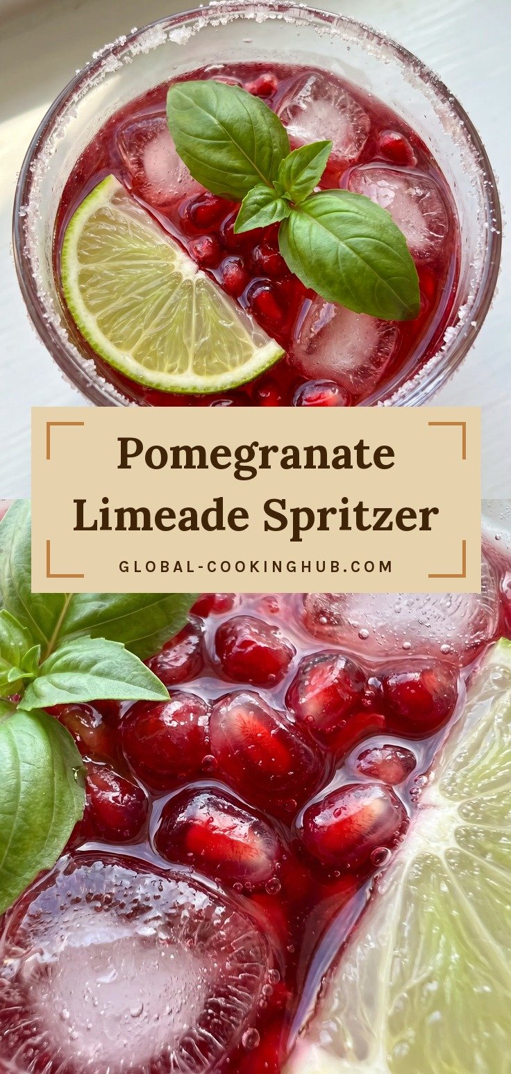 Glass of red pomegranate limeade over ice with pomegranate seeds, a lime wheel, basil and a sugared rim.