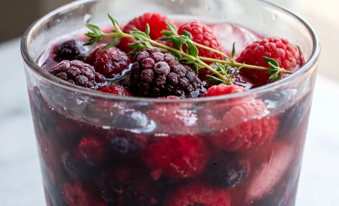 Pomegranate rum berry cocktail with spiced rum, mixed berries, raspberries, and thyme sprigs.