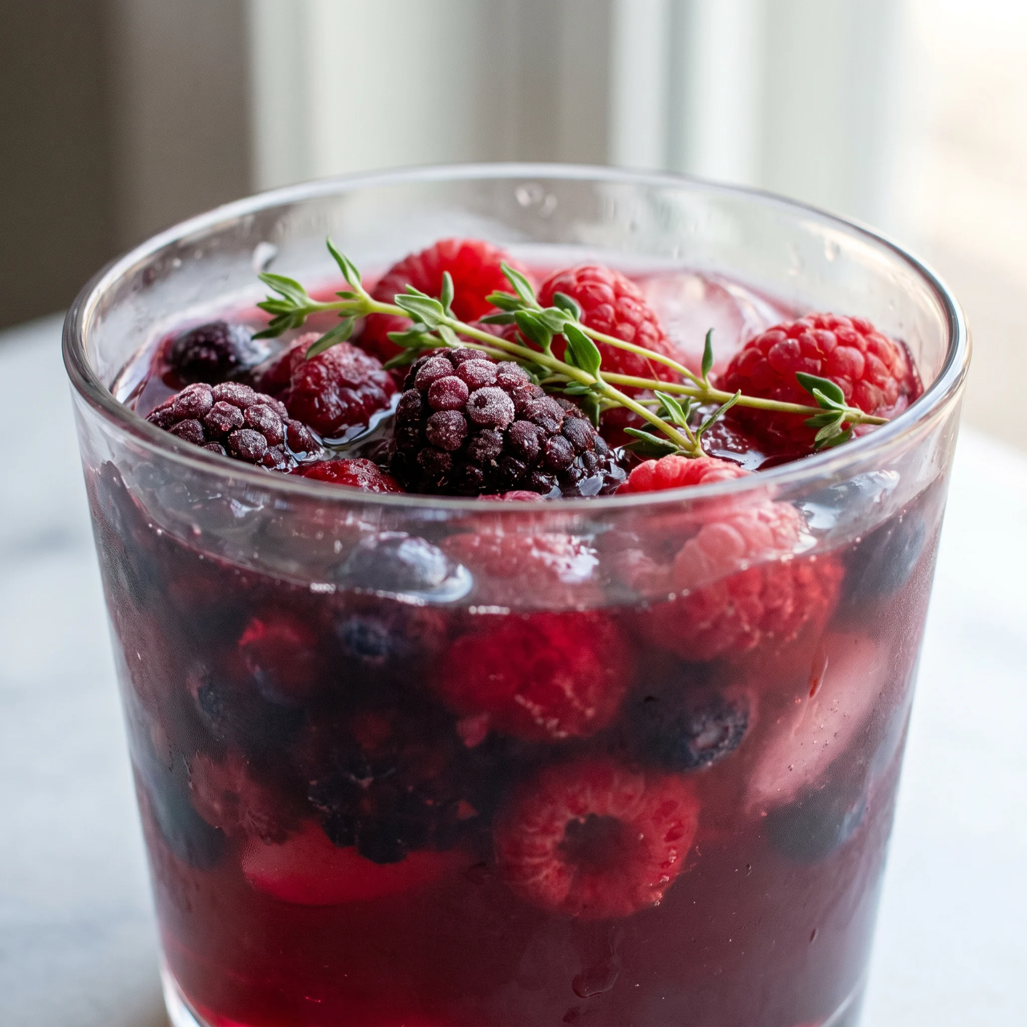 Pomegranate rum berry cocktail with spiced rum, mixed berries, raspberries, and thyme sprigs.