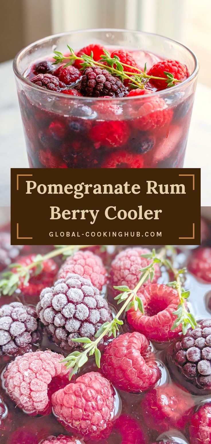 Glass of dark red cocktail packed with frozen blackberries and raspberries and sprigs of thyme.