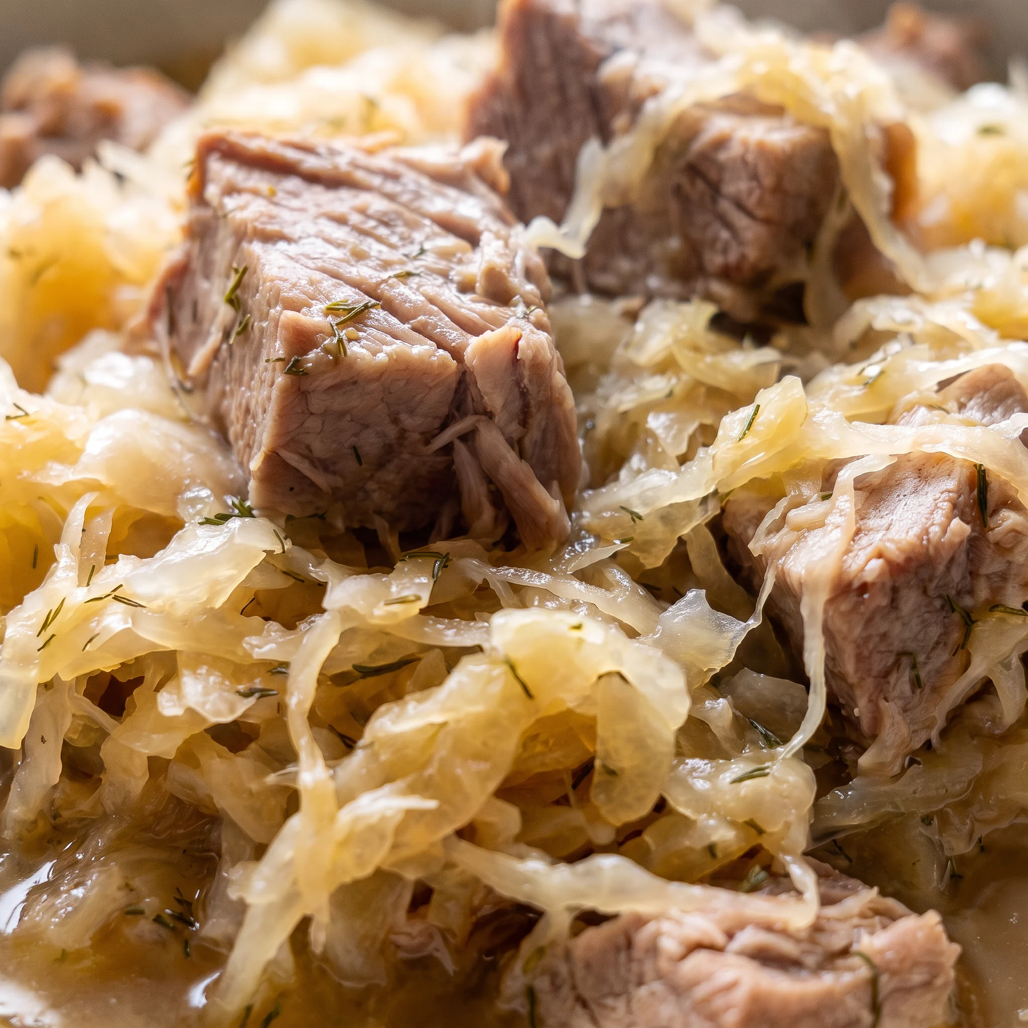 Tender shredded pork with soft apple slices and pale sauerkraut strands in a glossy savory liquid.