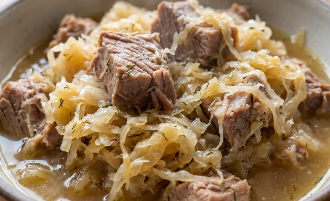 Slow cooker pork and sauerkraut with apple pieces and pale pork chunks in a tangy beer broth.