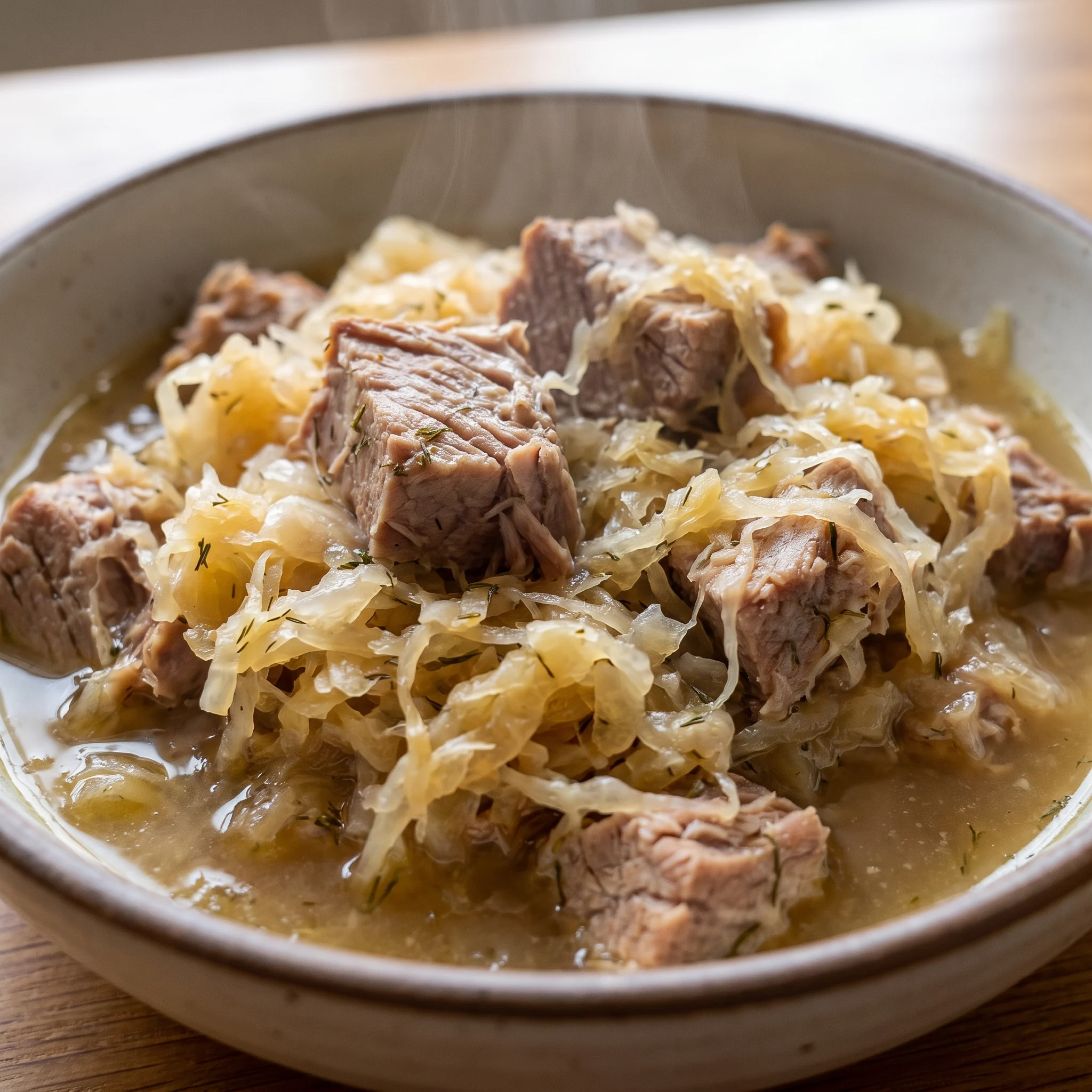 Slow cooker pork and sauerkraut with apple pieces and pale pork chunks in a tangy beer broth.