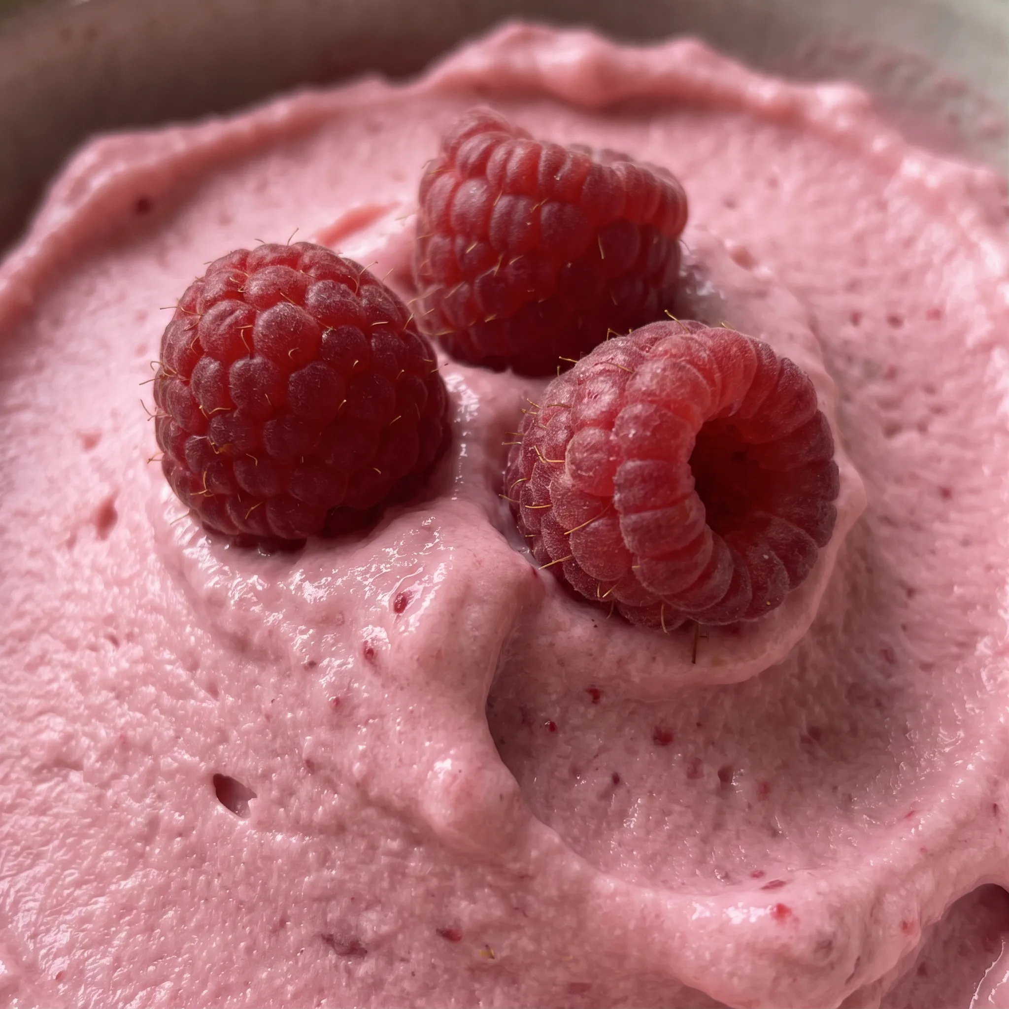 Creamy pale pink frozen yogurt with swirls of crushed raspberries and a dense, cold texture.