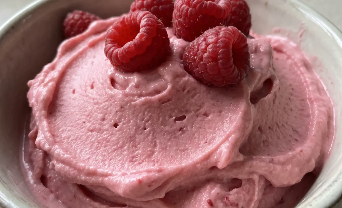 Scoops of pink raspberry frozen yogurt with visible raspberry pieces and a smooth creamy texture.