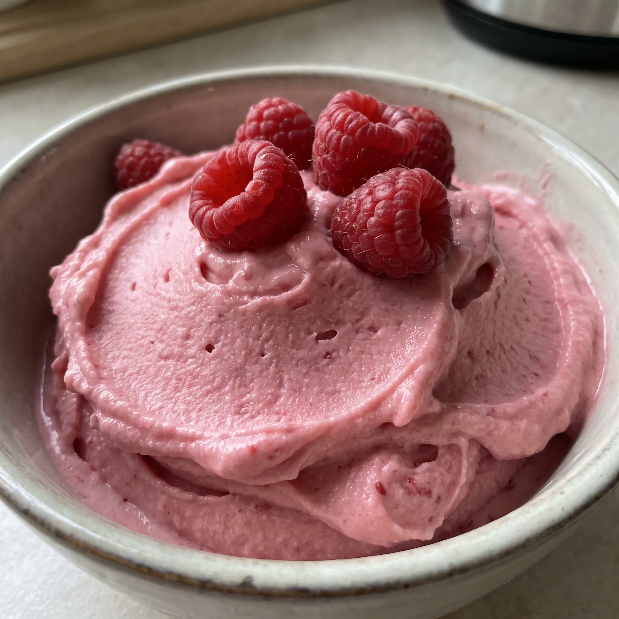 Scoops of pink raspberry frozen yogurt with visible raspberry pieces and a smooth creamy texture.