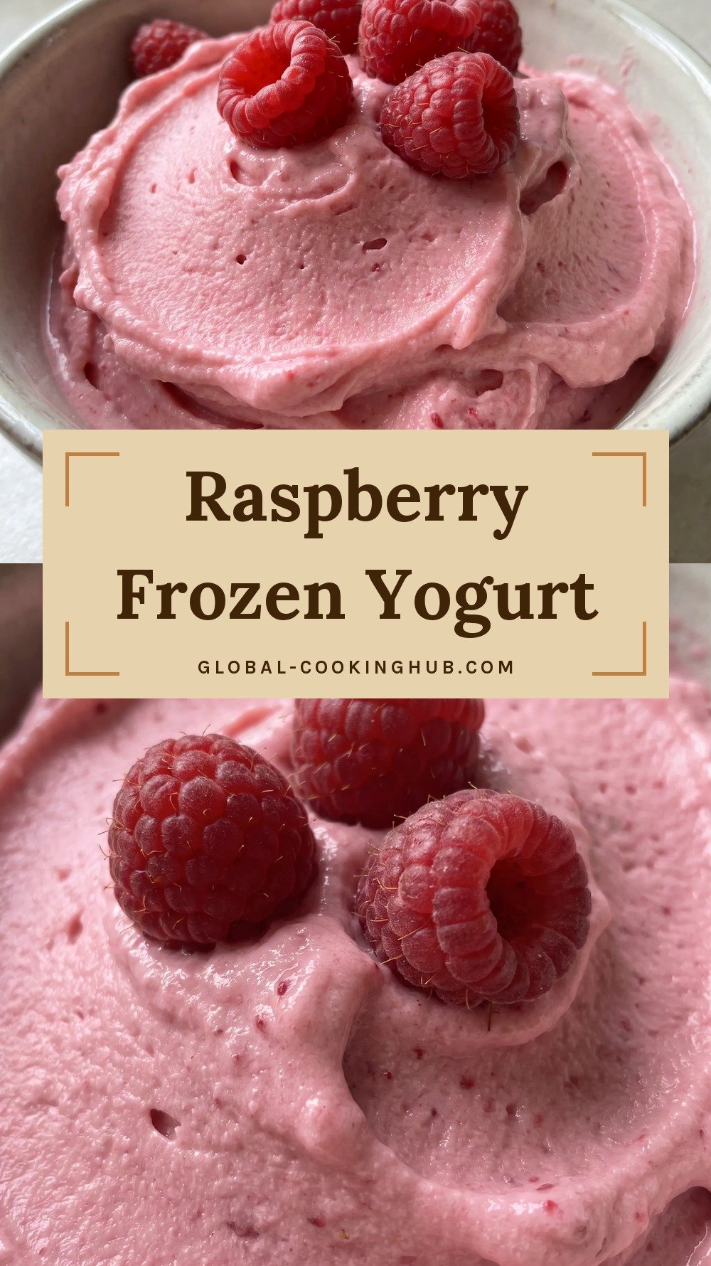 Bowl of pink raspberry frozen yogurt topped with fresh raspberries.
