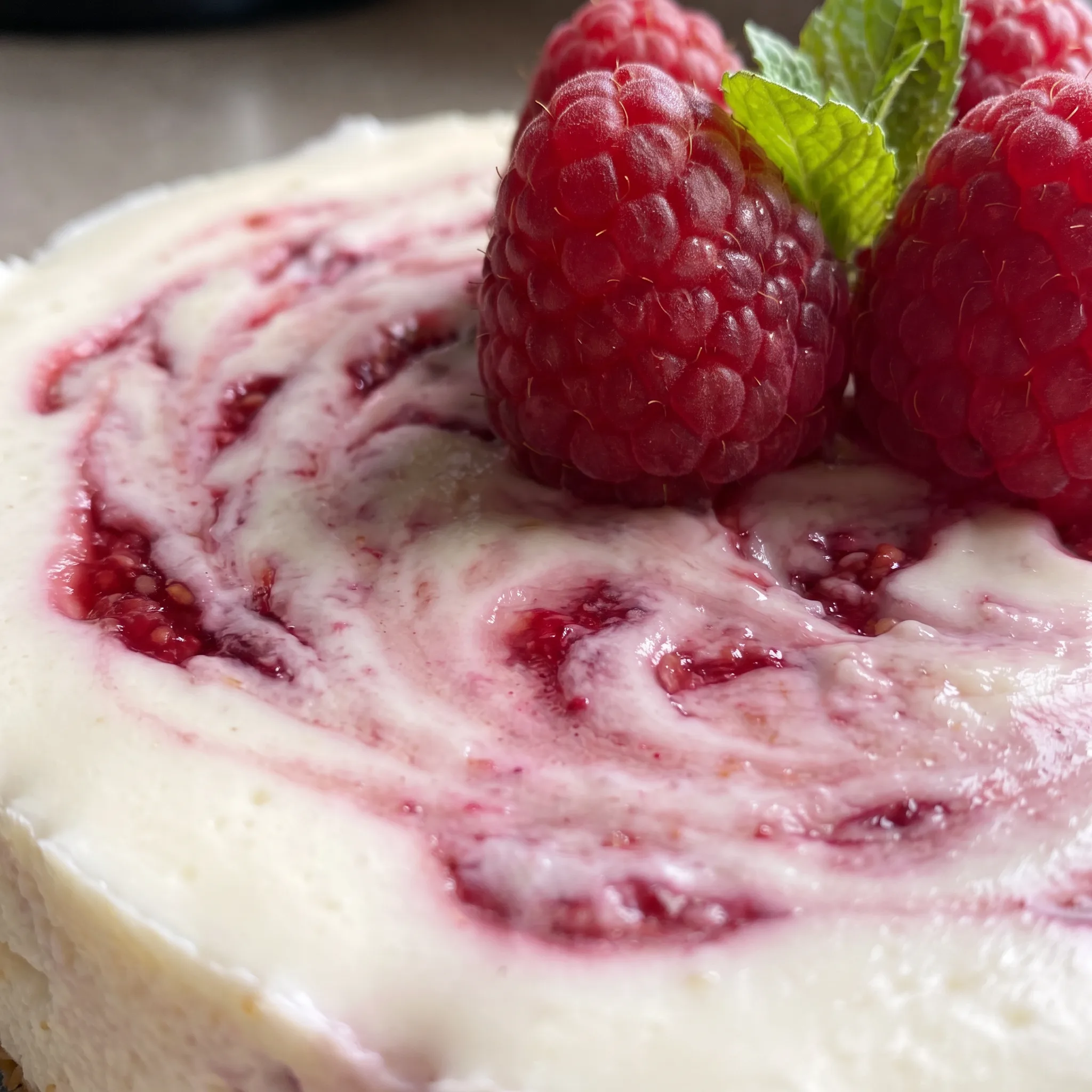 Smooth cream cheese filling with a golden graham cracker crust, topped with a glossy red raspberry and mint.