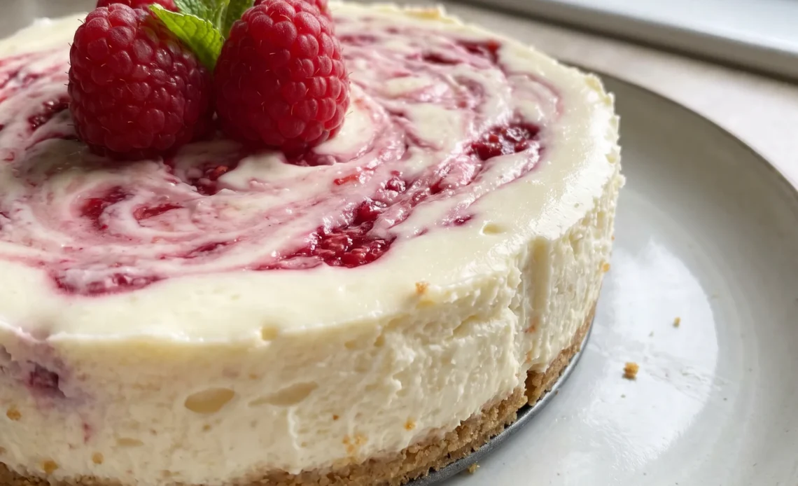 Raspberry mini cheesecakes with graham cracker crusts, topped with fresh raspberries and mint leaves.