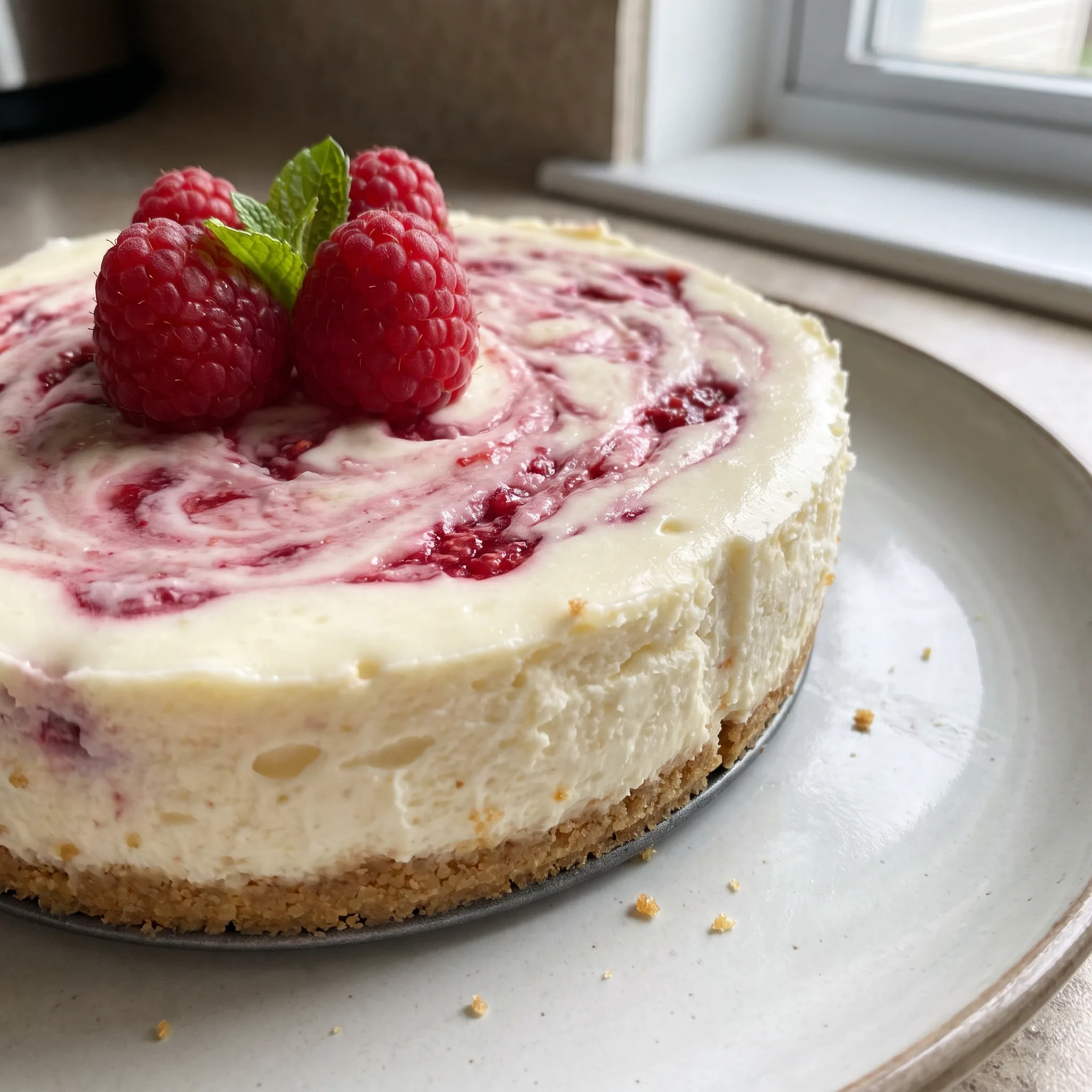 Raspberry mini cheesecakes with graham cracker crusts, topped with fresh raspberries and mint leaves.