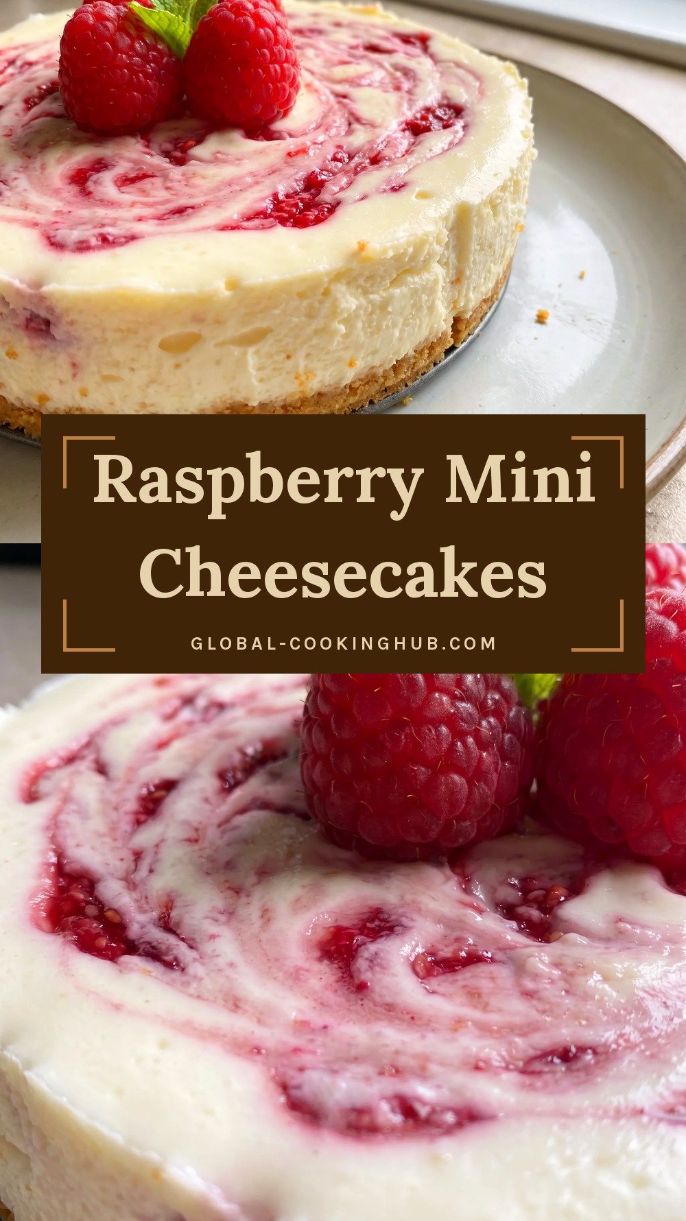 Mini cheesecake with a raspberry swirl on a graham crust, topped with fresh raspberries and mint.