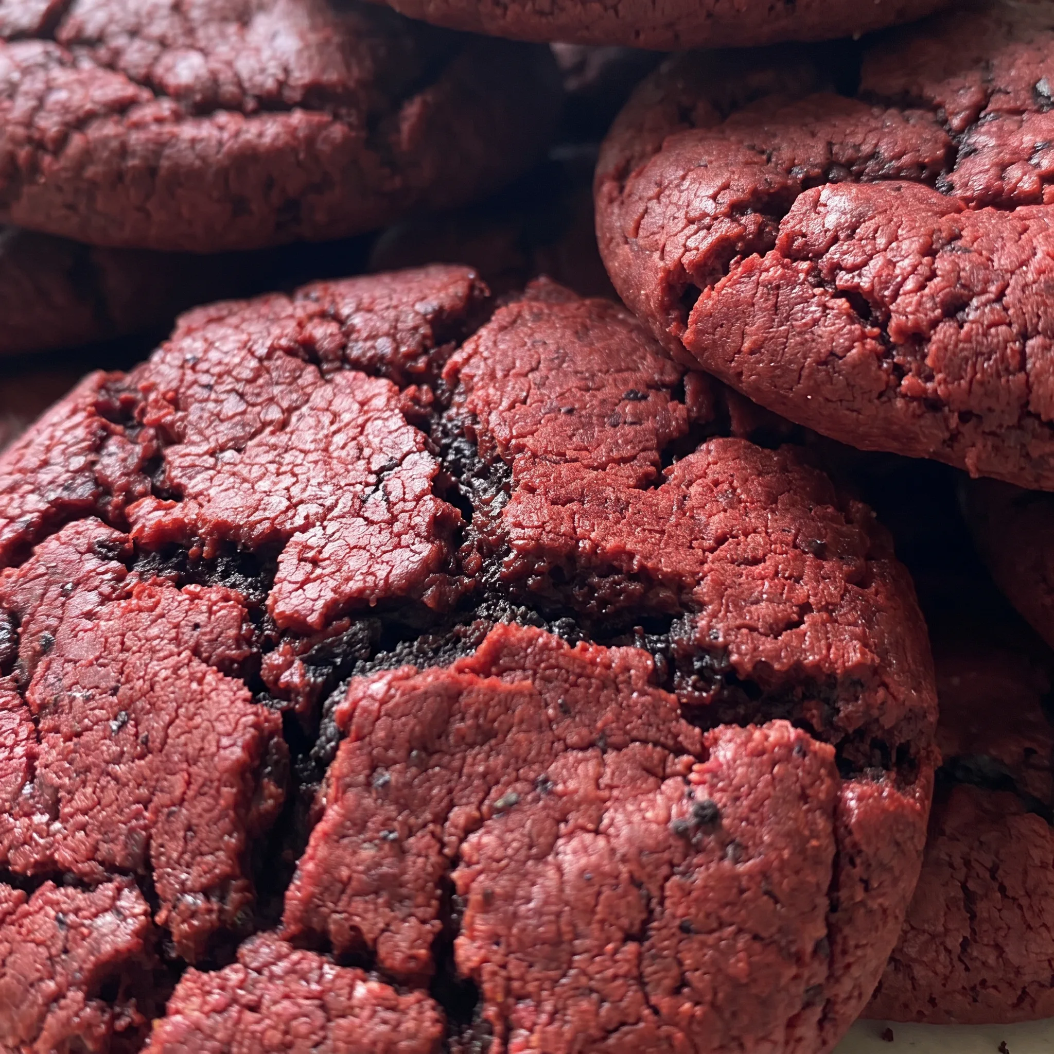 Creamy white filling between two soft red velvet cookies, edged with dark Oreo crumbs.
