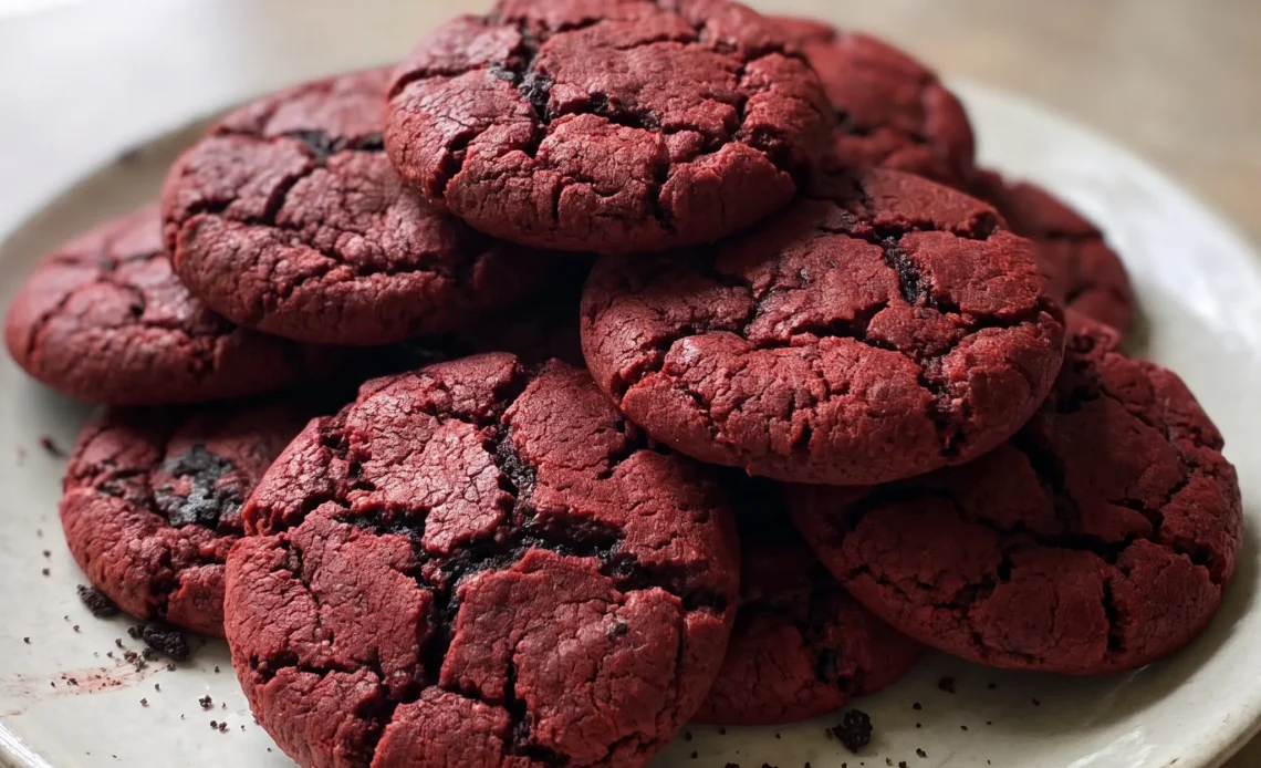 Red velvet cookies with white cream cheese filling and crushed Oreo pieces on top.