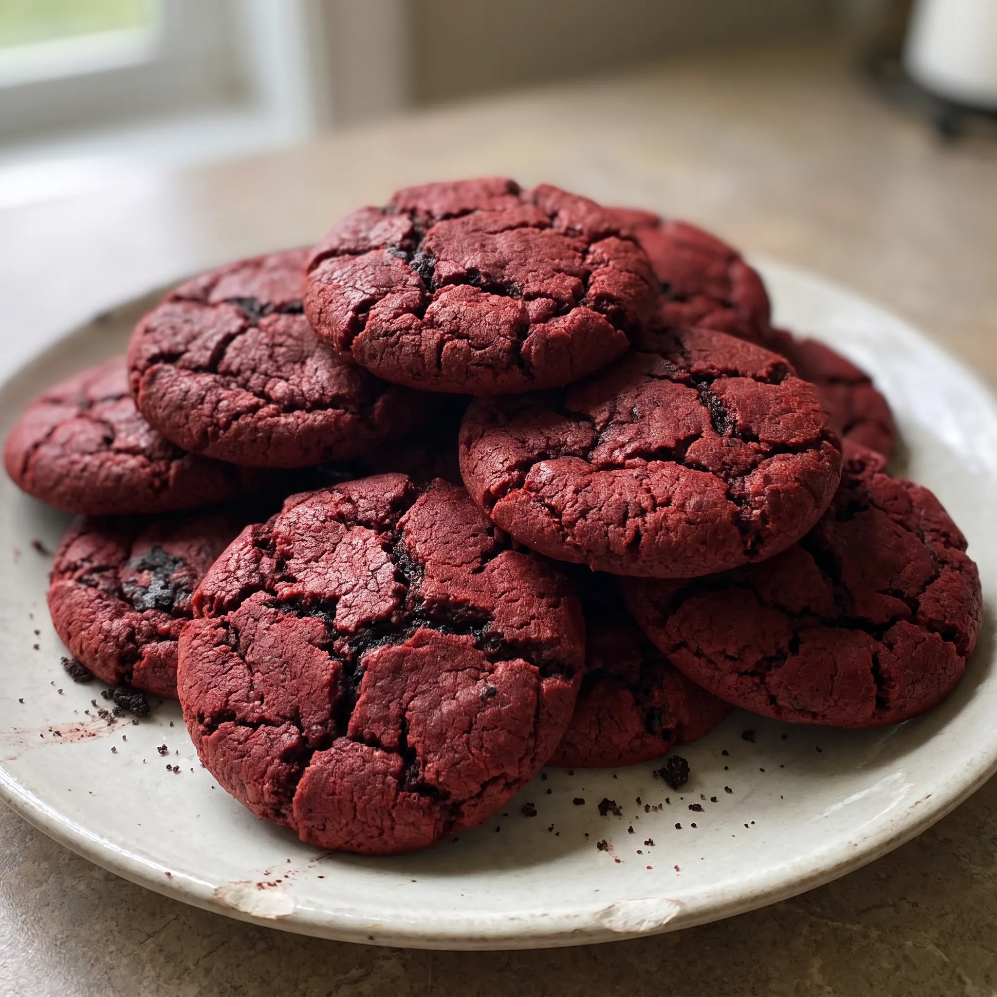Red velvet cookies with white cream cheese filling and crushed Oreo pieces on top.