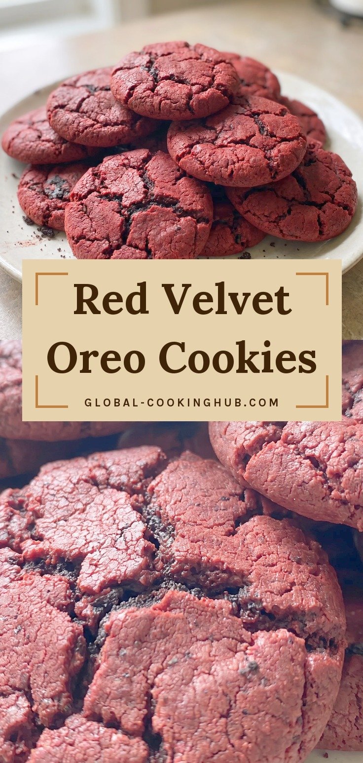Deep red crinkle cookies with cracked tops on a plate.