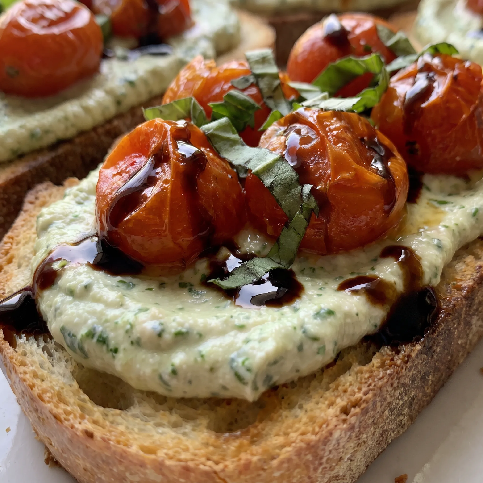 Creamy white ricotta spread over toasted bread with blistered red cherry tomatoes and dark balsamic drizzle.