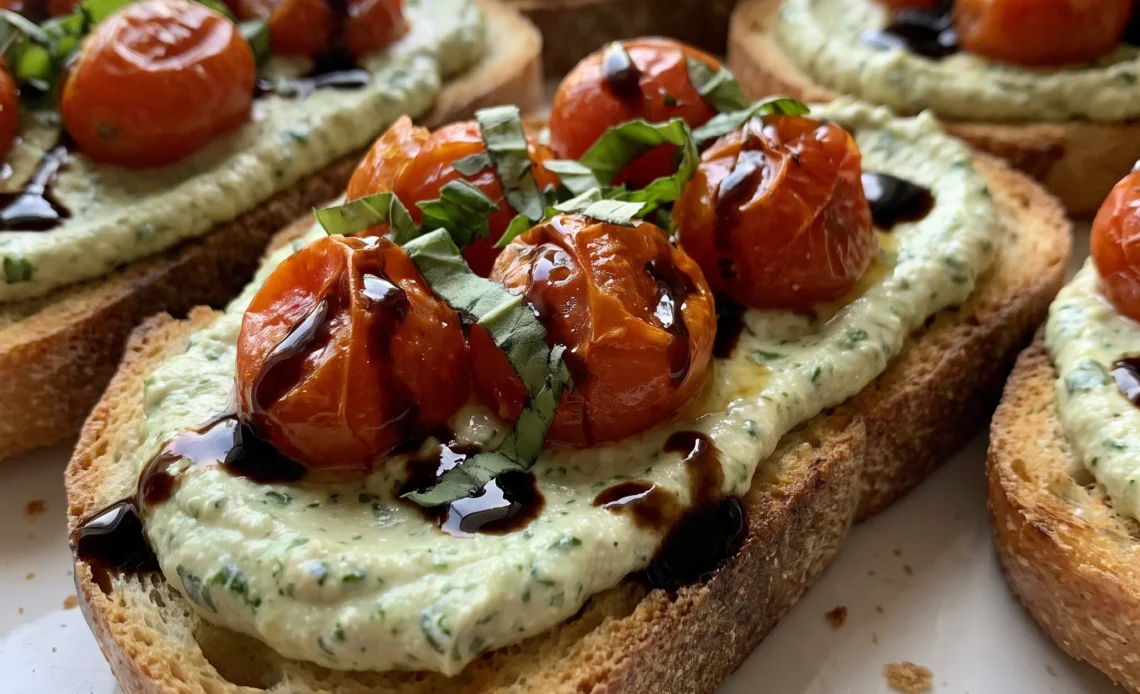 Ricotta bruschetta on crusty bread topped with roasted cherry tomatoes, basil leaves, and balsamic glaze.