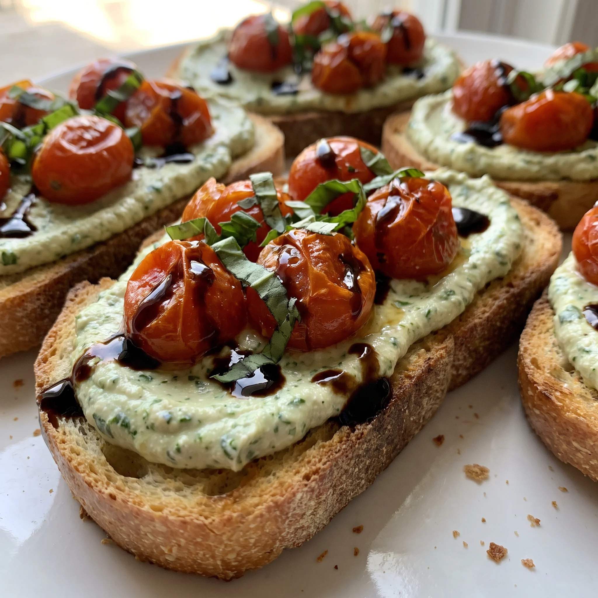 Ricotta bruschetta on crusty bread topped with roasted cherry tomatoes, basil leaves, and balsamic glaze.