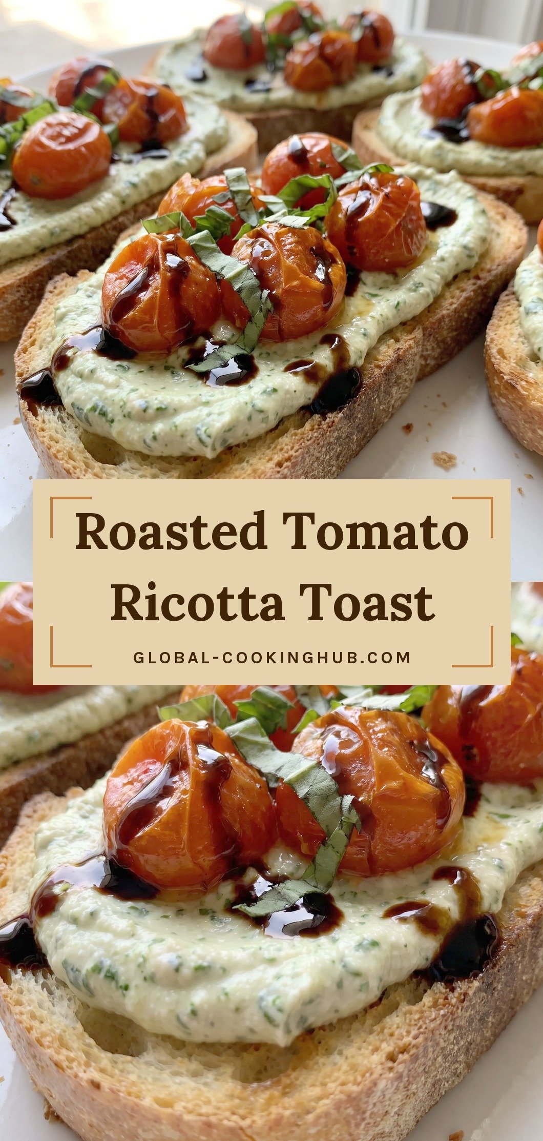 Whipped ricotta spread on toasted crusty bread topped with burst cherry tomatoes, fresh basil leaves, and a drizzle of dark balsamic glaze.