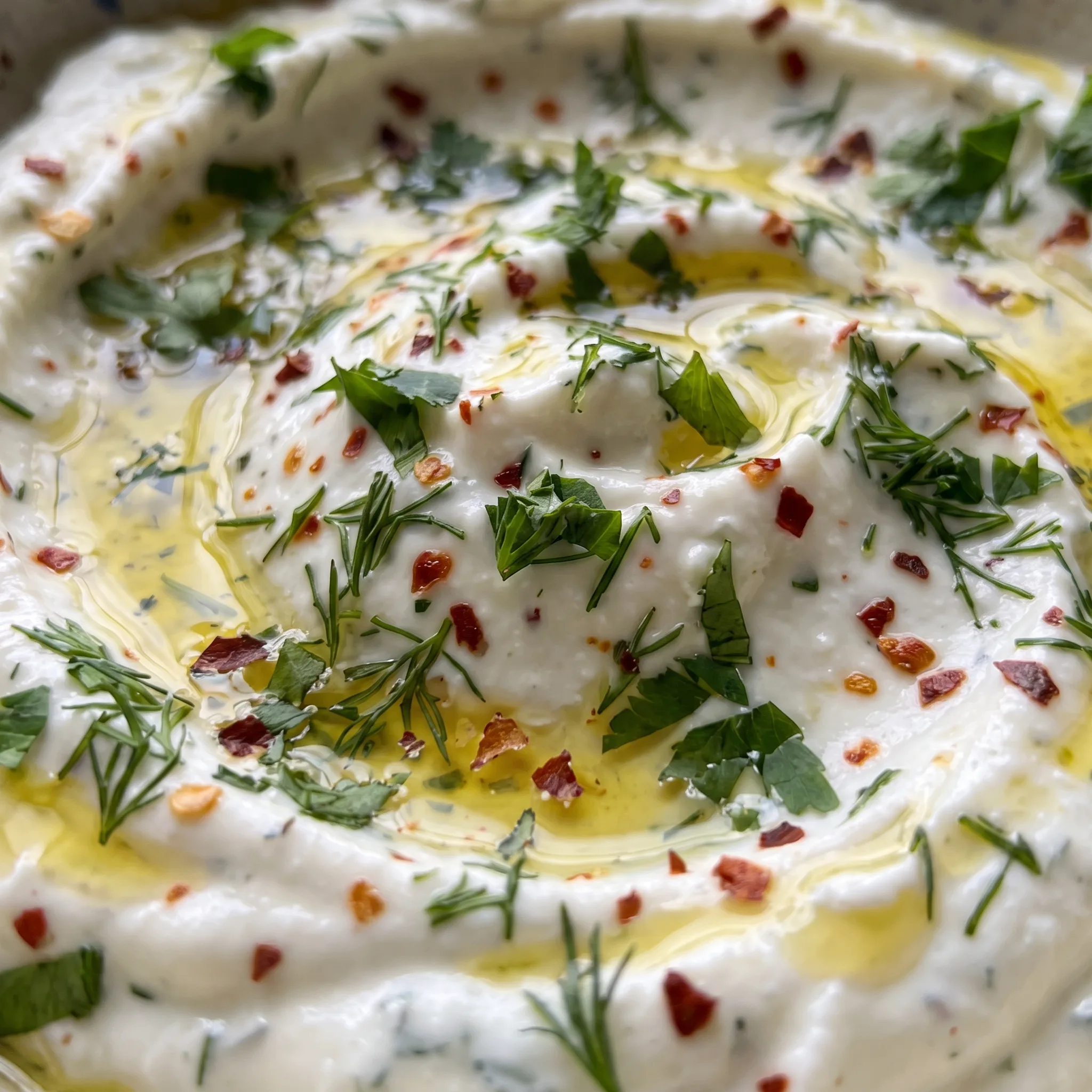 Creamy whipped feta texture with roasted garlic pieces, lemon zest, and chopped fresh green herbs on top.