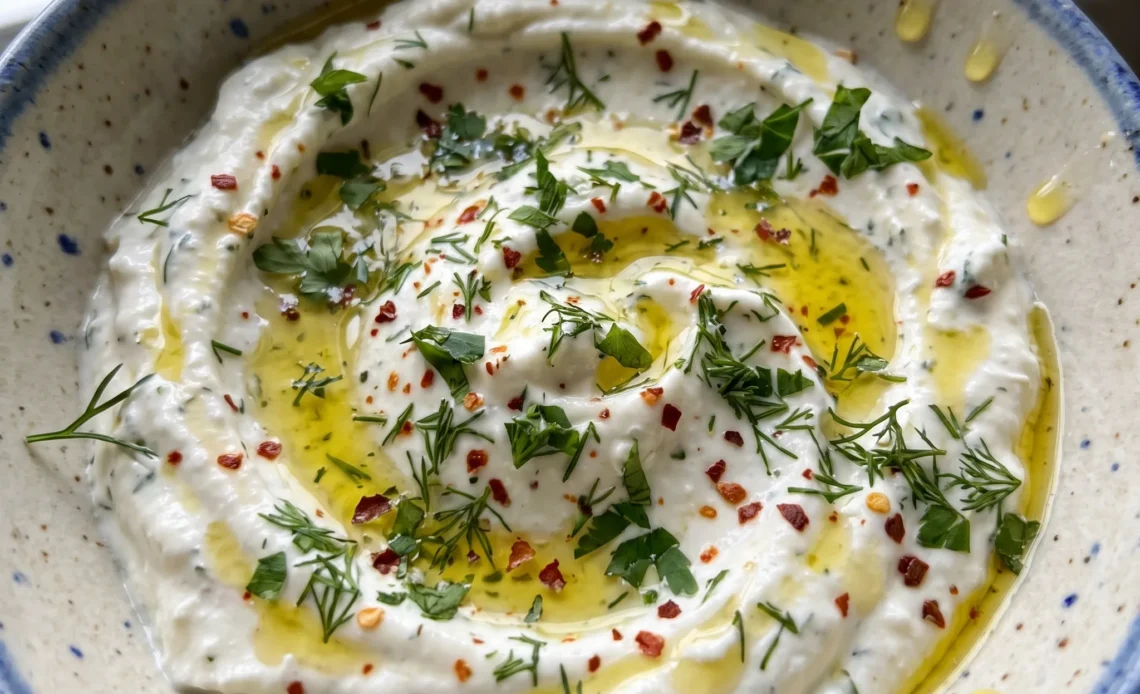 Whipped feta dip with roasted garlic, Greek yogurt, lemon, and fresh herbs, smooth and creamy in color.